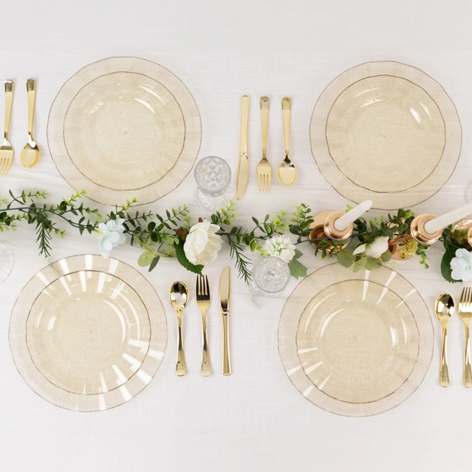10-Pack Plastic Round Dinner Plates 9" Gold Glitter with Ruffled Rim - Transparent Heavy Duty Disposable Dinnerware - Image 8