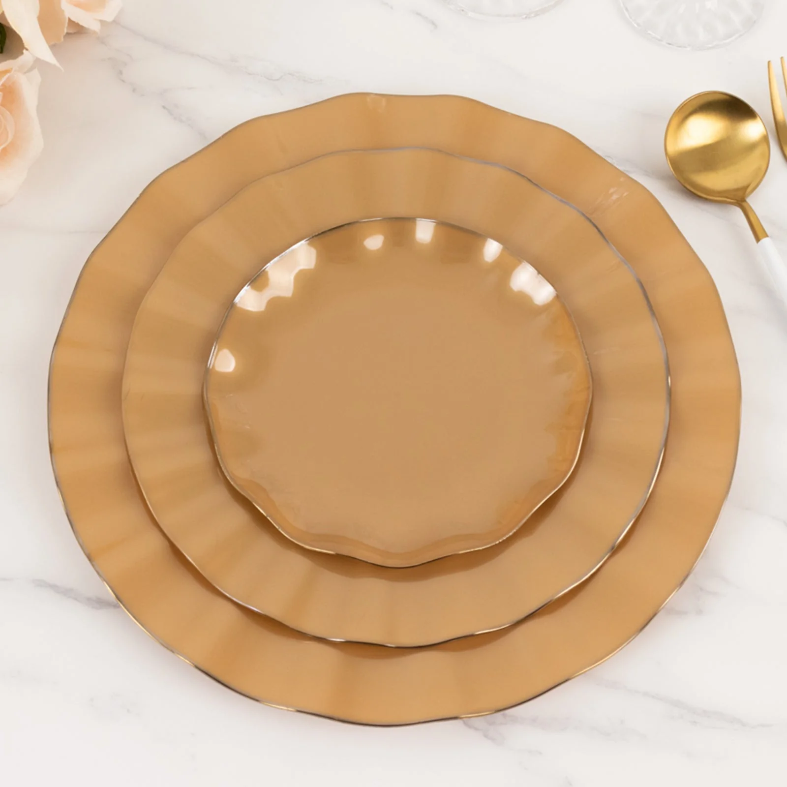 10-Pack Plastic Round Dinner Plates 9" Gold with Ruffled Rim - Heavy Duty Disposable Dinnerware for Upscale Buffets & Catered Events - Image 7