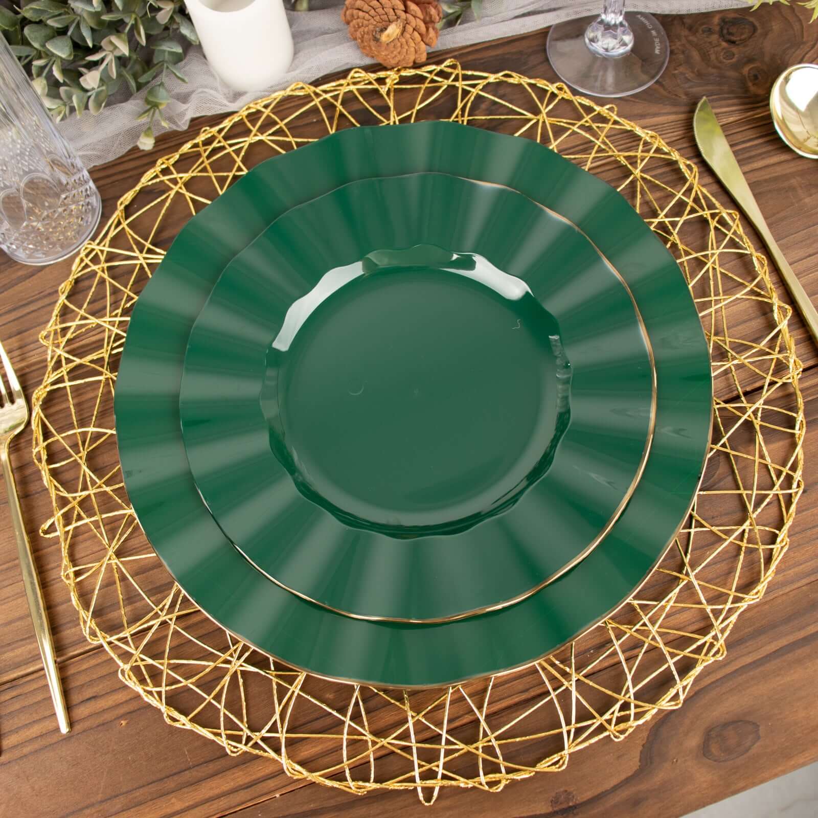 10-Pack Plastic Round Dinner Plates 9" Hunter Emerald Green Ruffled Rim with Gold Edging - Heavy Duty Disposable Dinnerware - Image 2