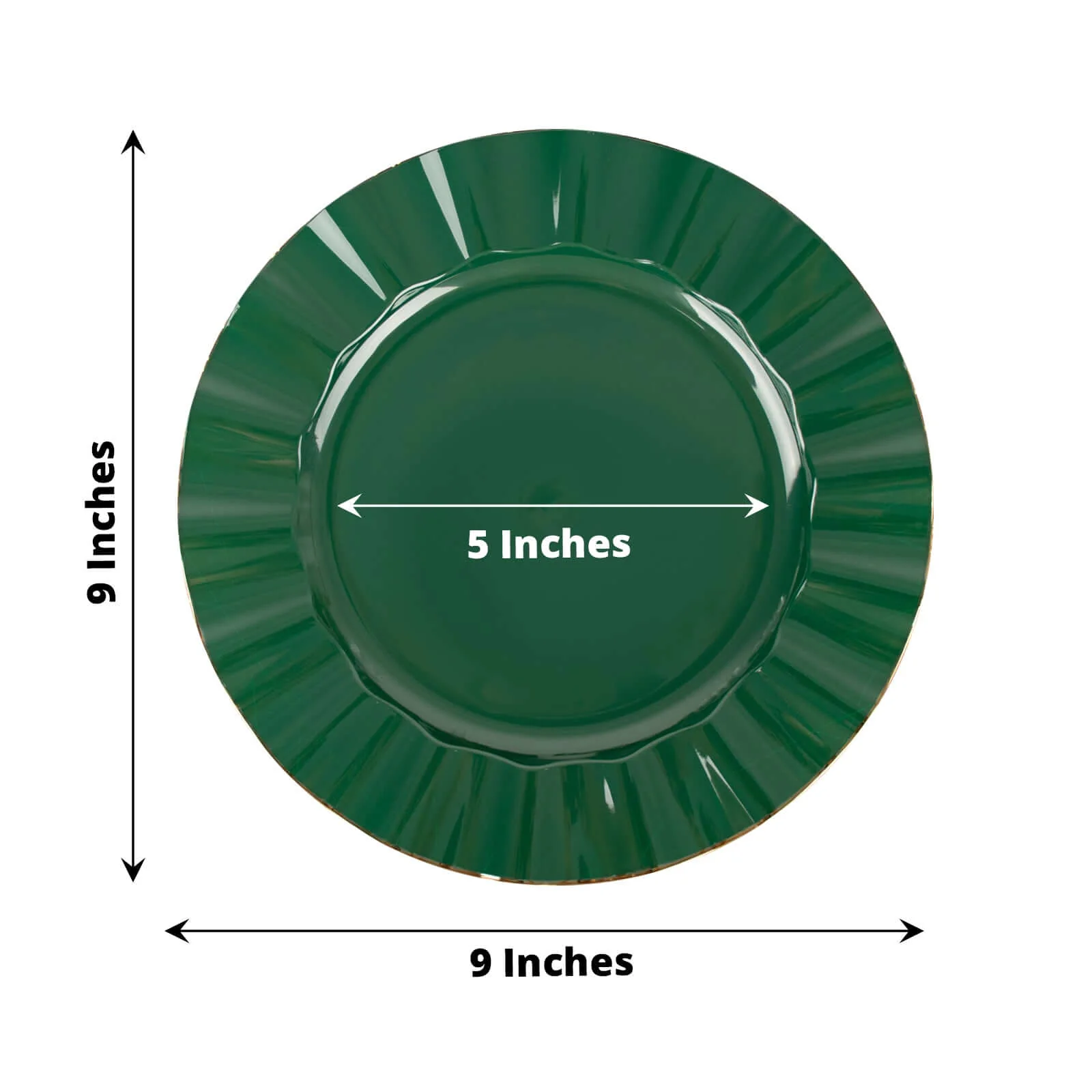 10-Pack Plastic Round Dinner Plates 9" Hunter Emerald Green Ruffled Rim with Gold Edging - Heavy Duty Disposable Dinnerware - Image 3
