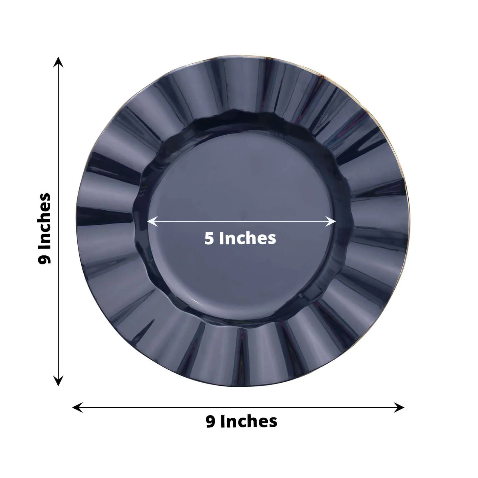 10-Pack Plastic Round Dinner Plates 9" Navy Blue Ruffled Rim with Gold Edging - Heavy Duty Disposable Dinnerware - Image 3