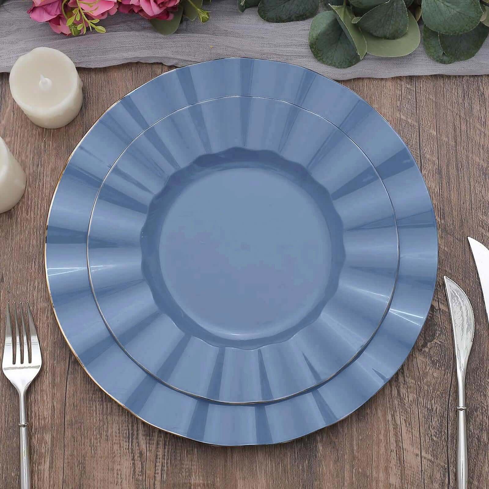 10-Pack Plastic Round Dinner Plates 9" Ocean Blue Ruffled Rim with Gold Edging - Heavy Duty Disposable Dinnerware - Image 6