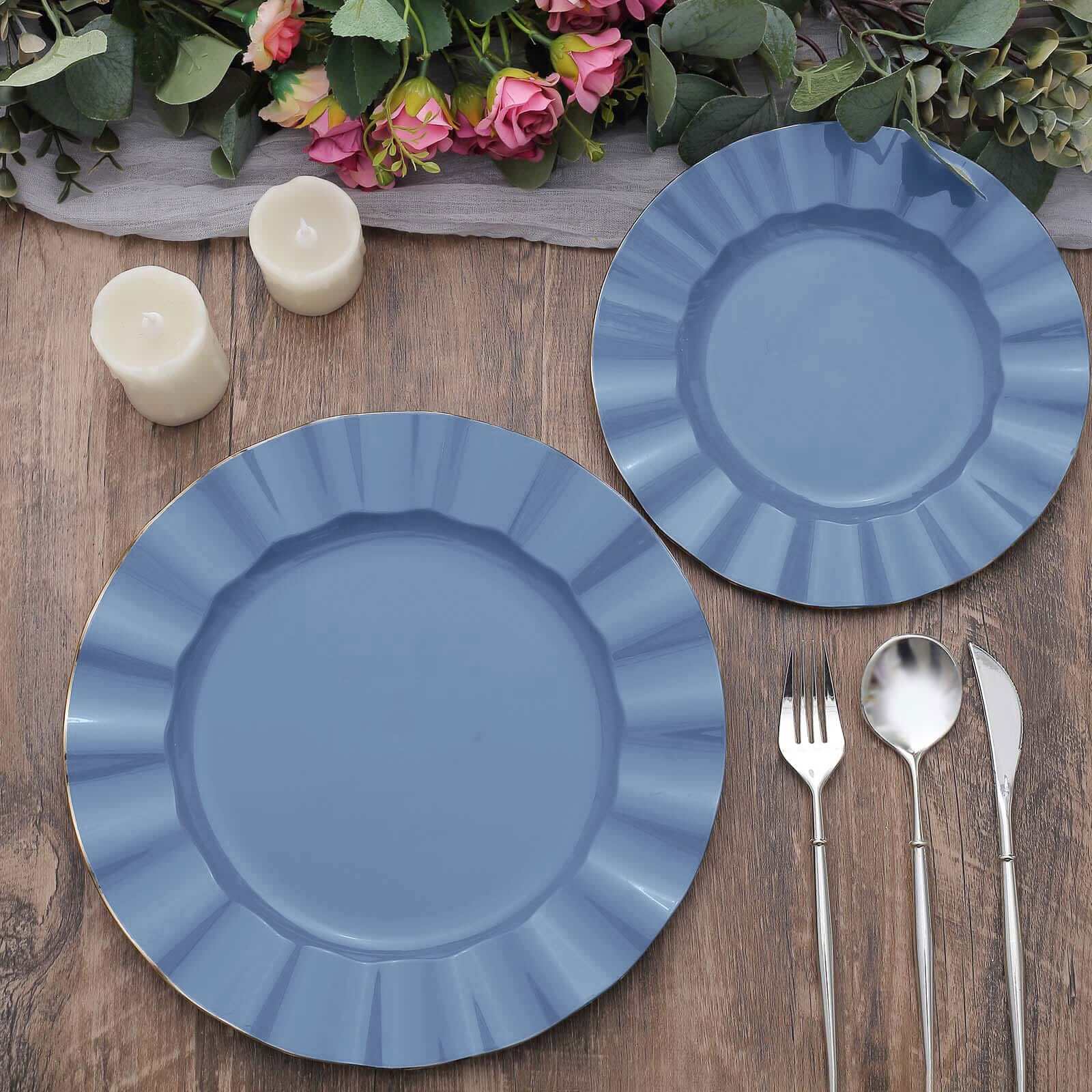 10-Pack Plastic Round Dinner Plates 9" Ocean Blue Ruffled Rim with Gold Edging - Heavy Duty Disposable Dinnerware - Image 8