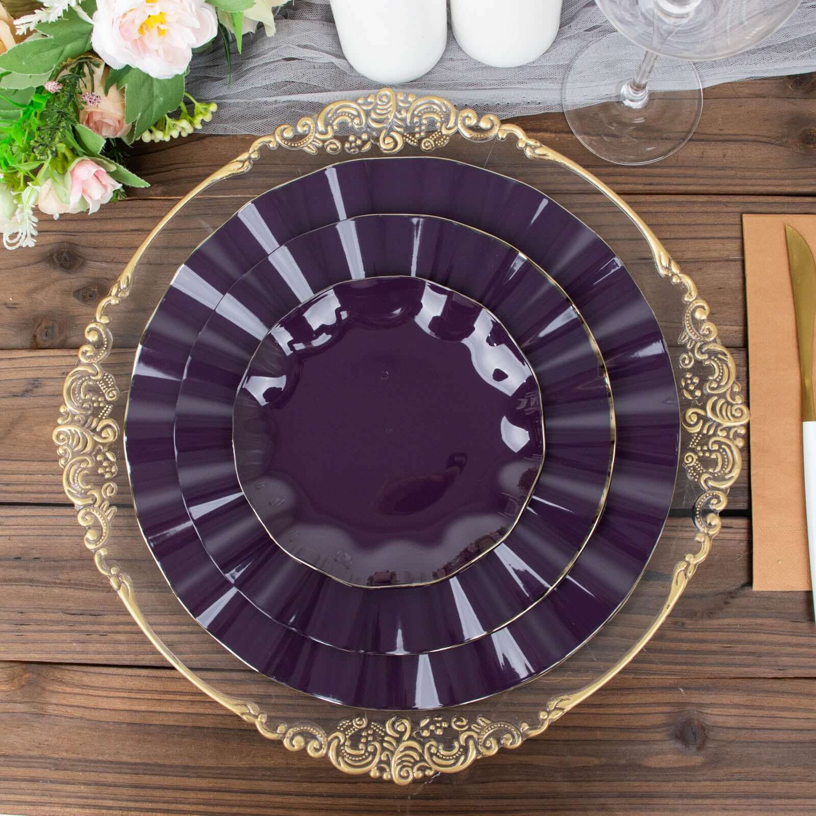 10-Pack Plastic Round Dinner Plates 9" Purple Ruffled Rim with Gold Edging - Heavy Duty Disposable Dinnerware - Image 2