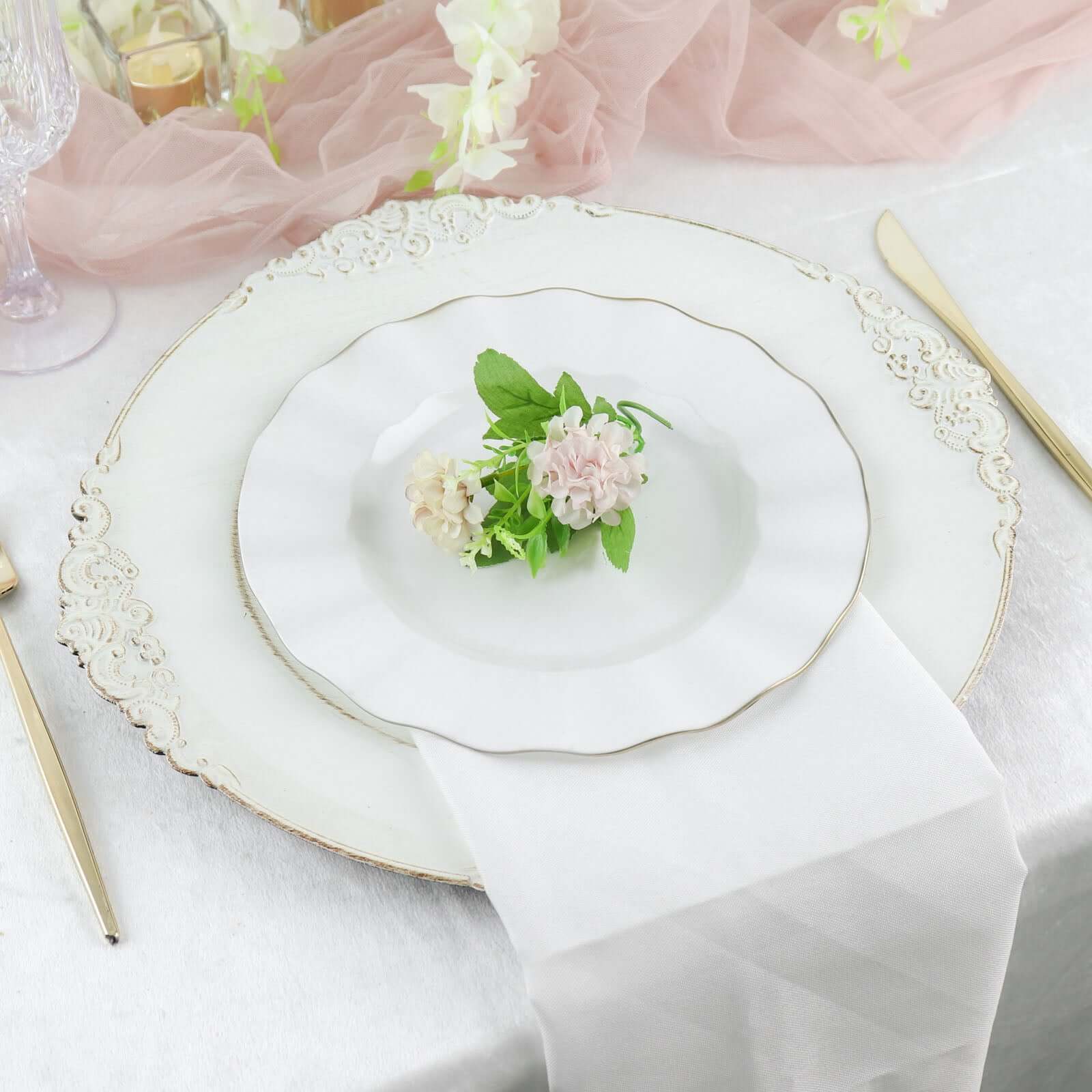 10-Pack Plastic Round Dinner Plates 9" White Ruffled Rim with Gold Edging - Heavy Duty Disposable Dinnerware for Upscale Buffets & Catered Events - Image 7