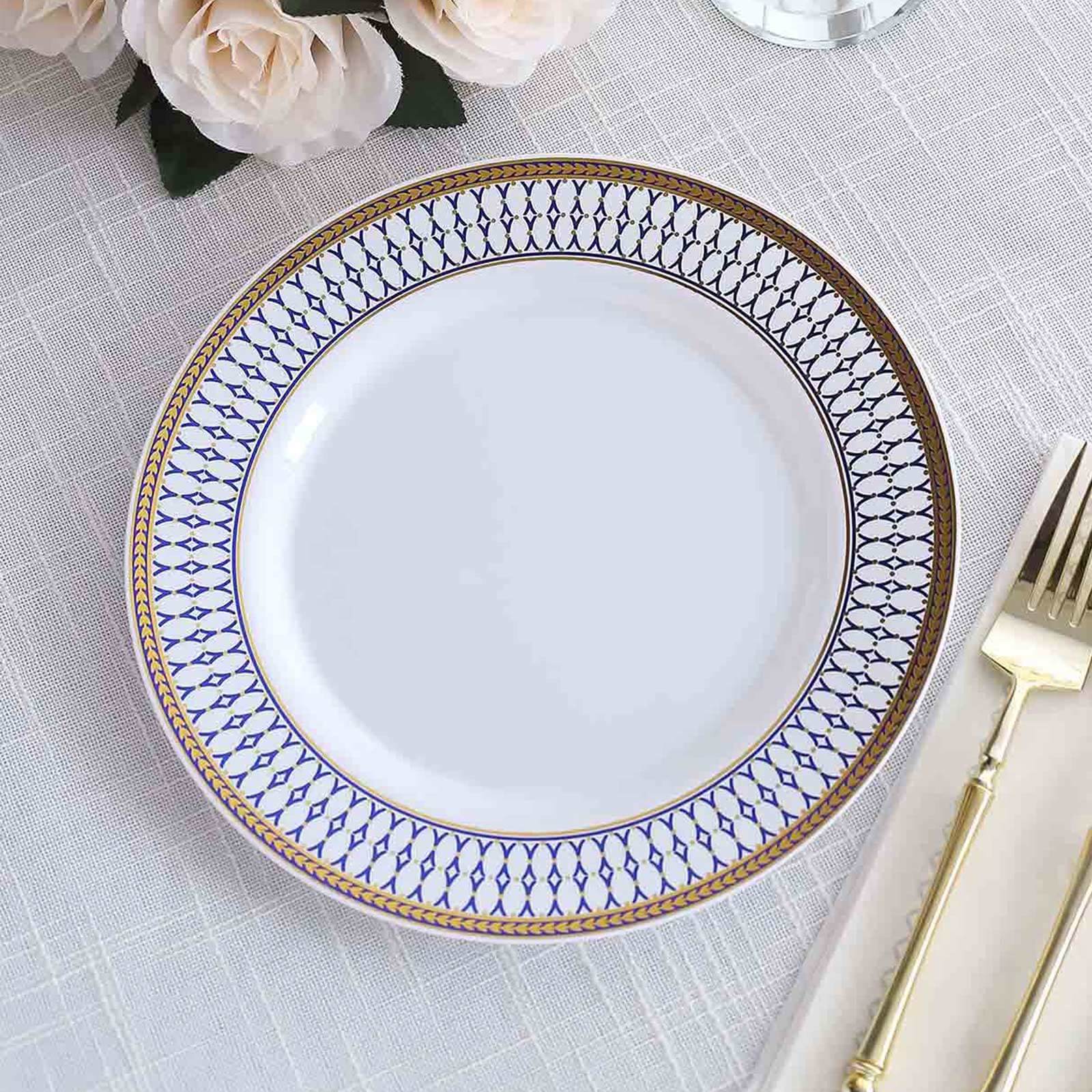 10-Pack Plastic Round Dinner Plates 9" White with Gold Navy Blue Chord Rim - Renaissance Style Disposable Plates for Events & Celebrations - Image 4