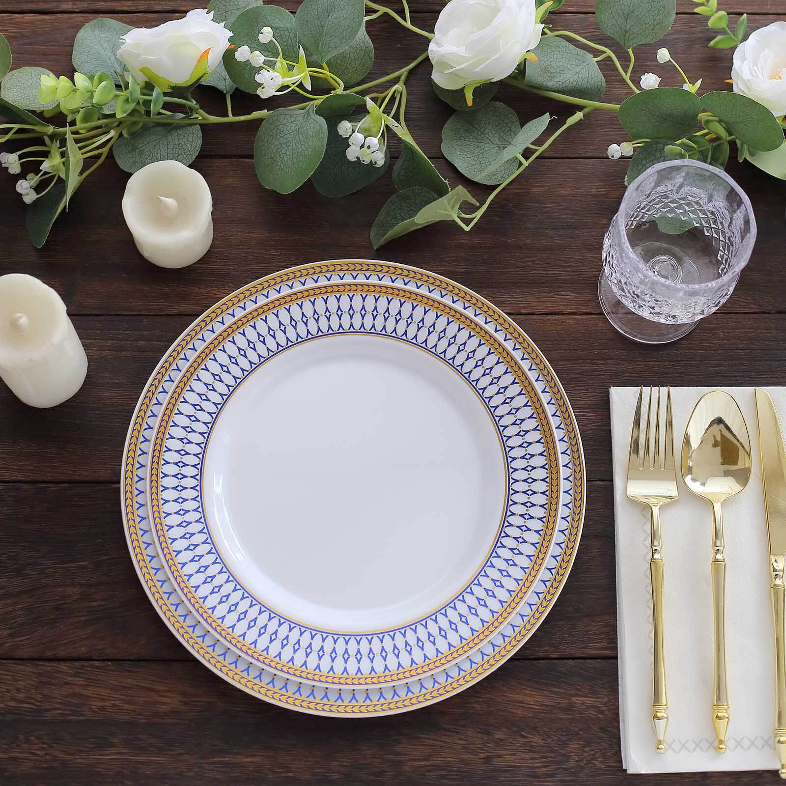 10-Pack Plastic Round Dinner Plates 9" White with Gold Navy Blue Chord Rim - Renaissance Style Disposable Plates for Events & Celebrations - Image 5