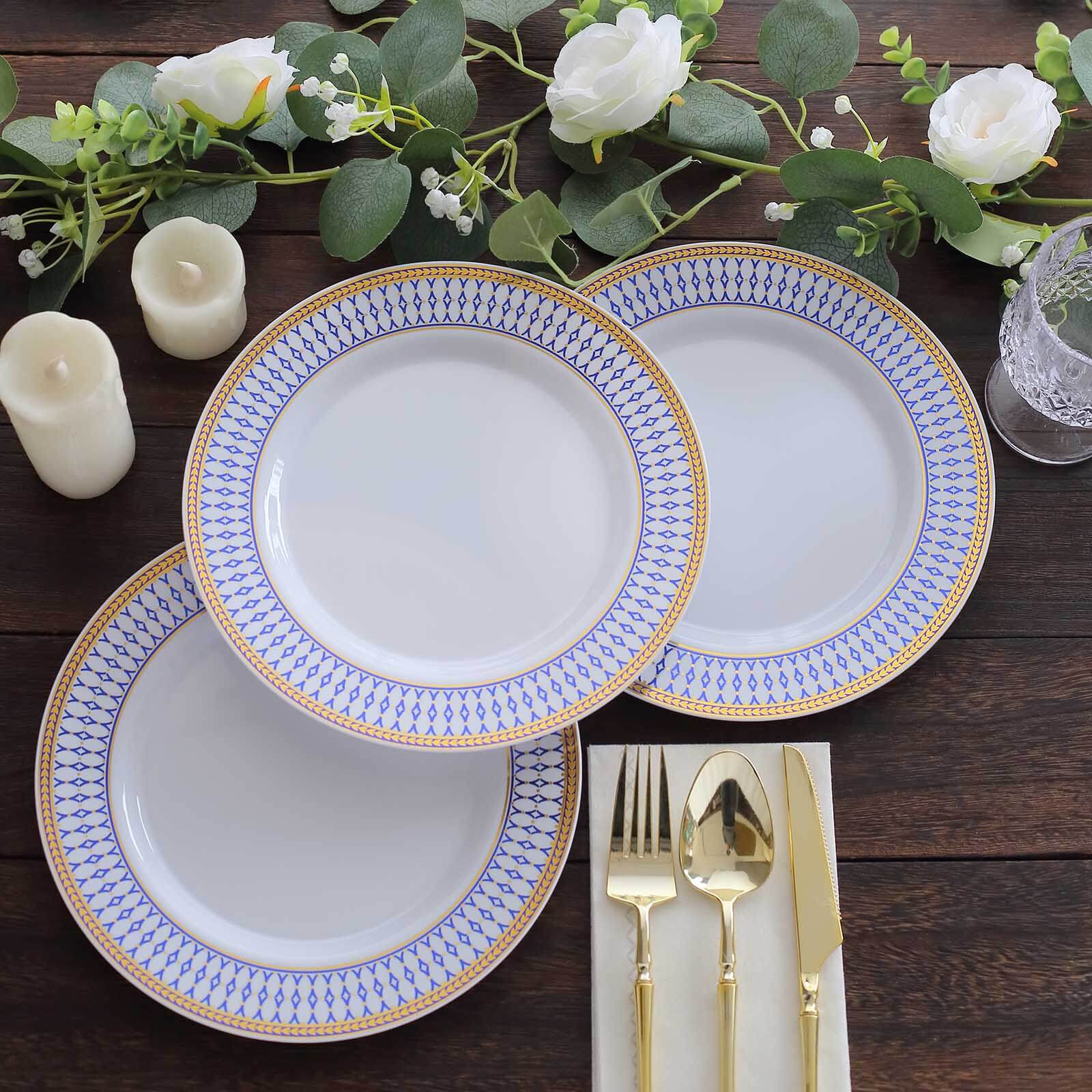10-Pack Plastic Round Dinner Plates 9" White with Gold Navy Blue Chord Rim - Renaissance Style Disposable Plates for Events & Celebrations - Image 6