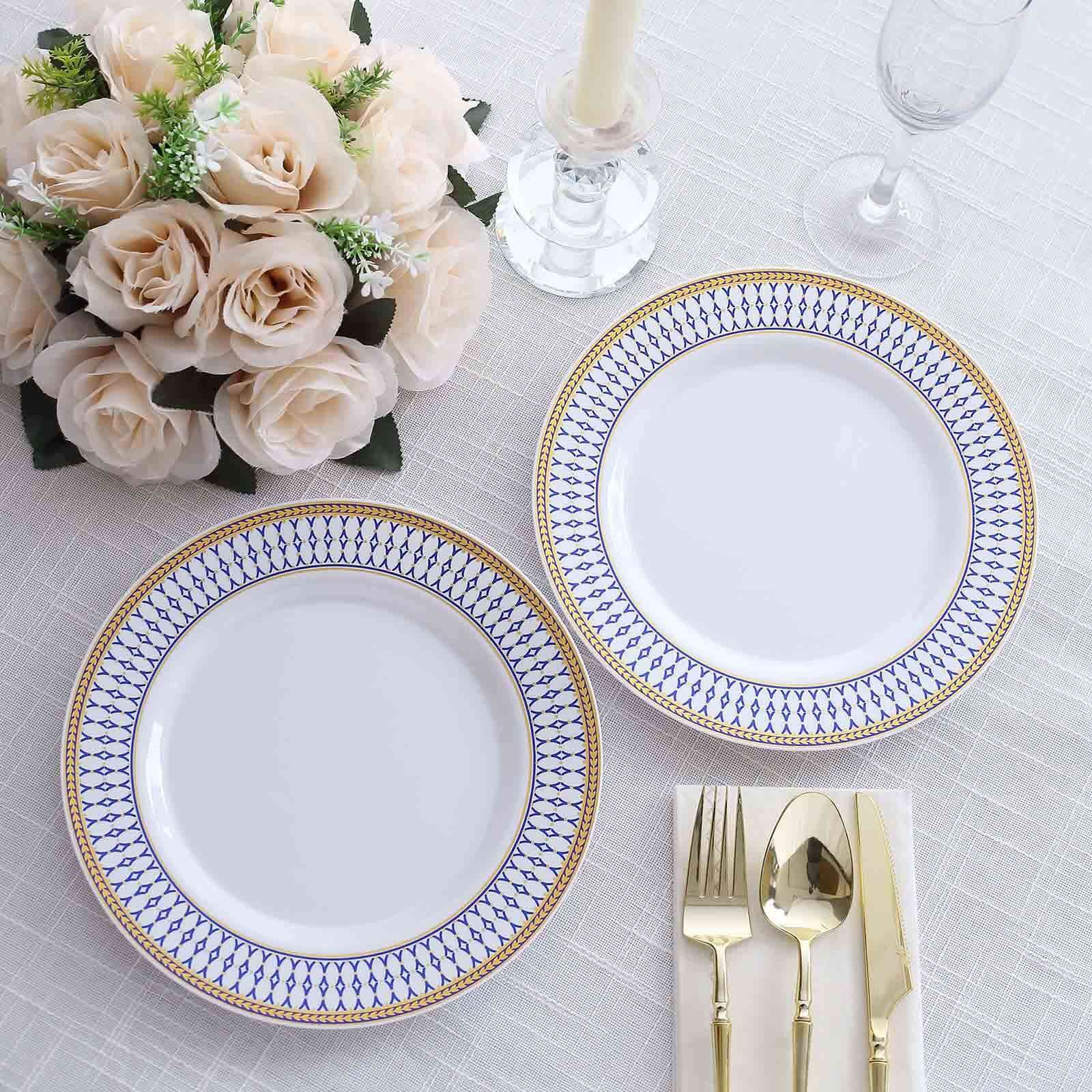 10-Pack Plastic Round Dinner Plates 9" White with Gold Navy Blue Chord Rim - Renaissance Style Disposable Plates for Events & Celebrations - Image 7