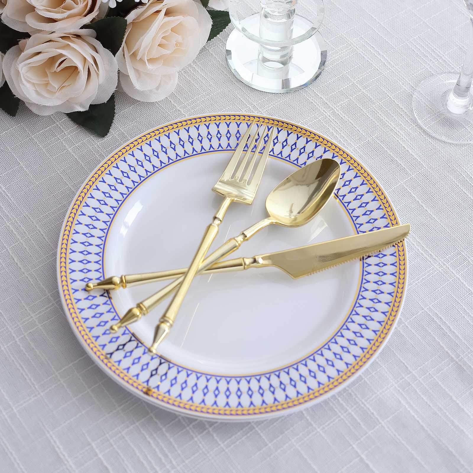 10-Pack Plastic Round Dinner Plates 9" White with Gold Navy Blue Chord Rim - Renaissance Style Disposable Plates for Events & Celebrations - Image 8