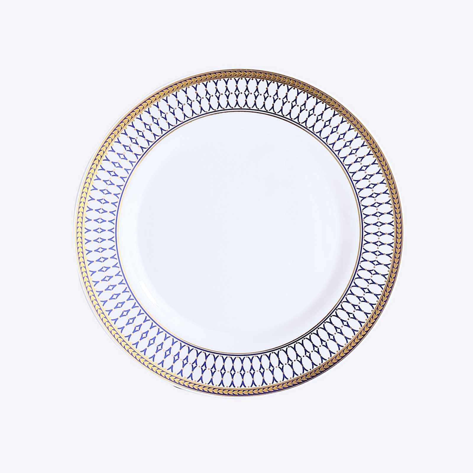 10-Pack Plastic Round Dinner Plates 9" White with Gold Navy Blue Chord Rim - Renaissance Style Disposable Plates for Events & Celebrations - Image 9