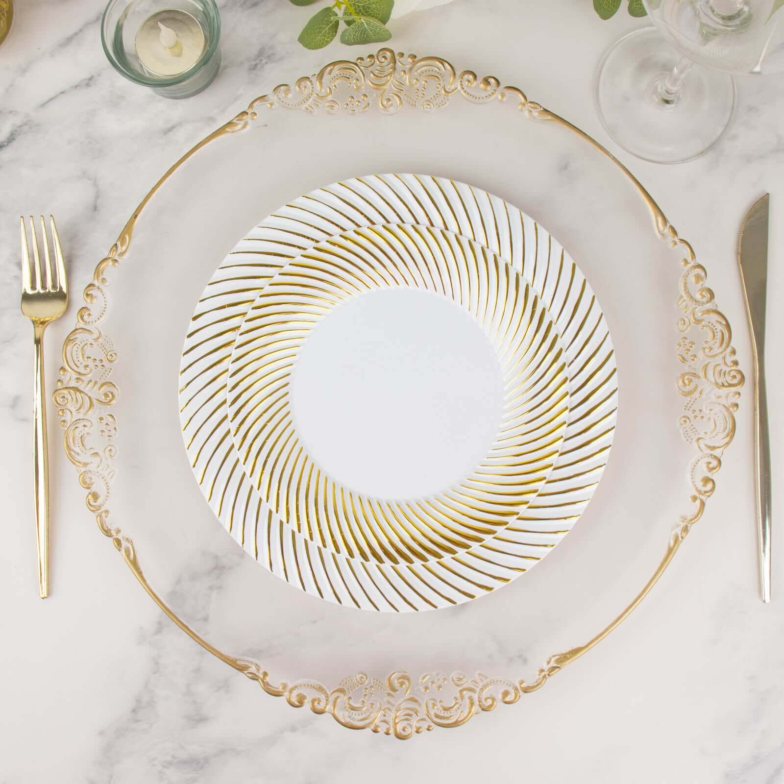 10-Pack Plastic Round Dinner Plates 9" White with Gold Swirl Rim - Disposable Party Plates for Sophisticated Events & Celebrations - Image 6