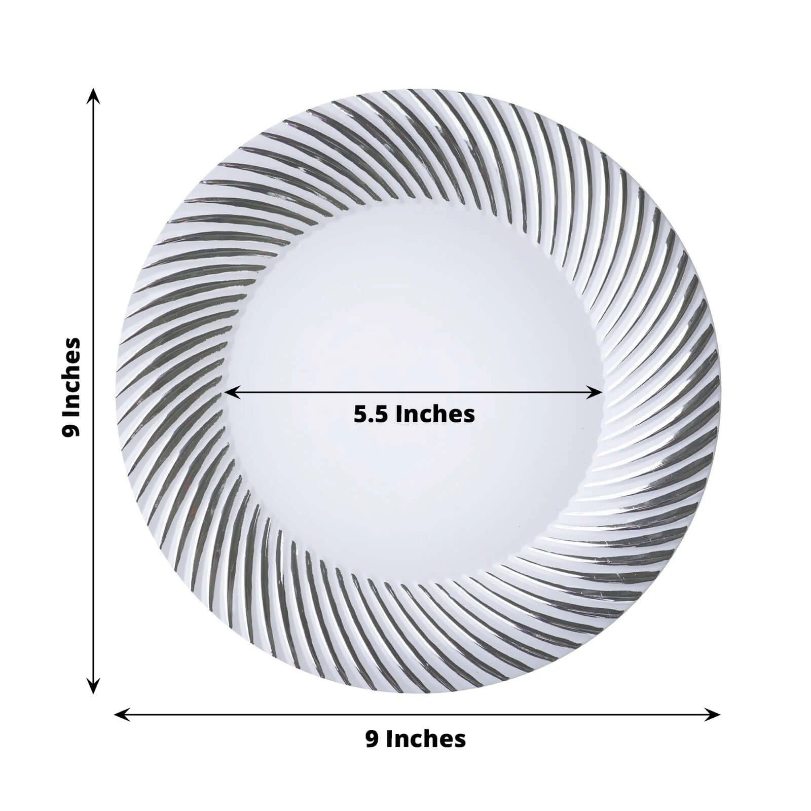 10-Pack Plastic Round Dinner Plates 9" White with Silver Swirl Rim - Disposable Party Plates - Image 3