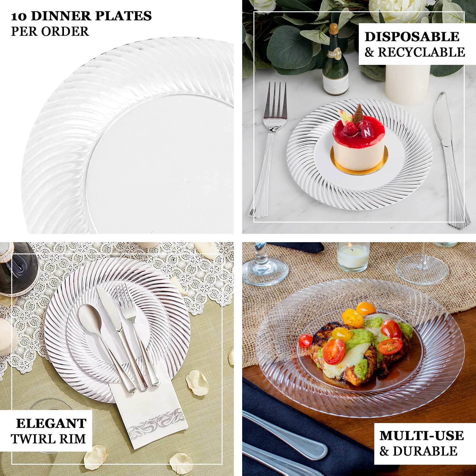 10-Pack Plastic Round Dinner Plates 9" White with Silver Swirl Rim - Disposable Party Plates - Image 4