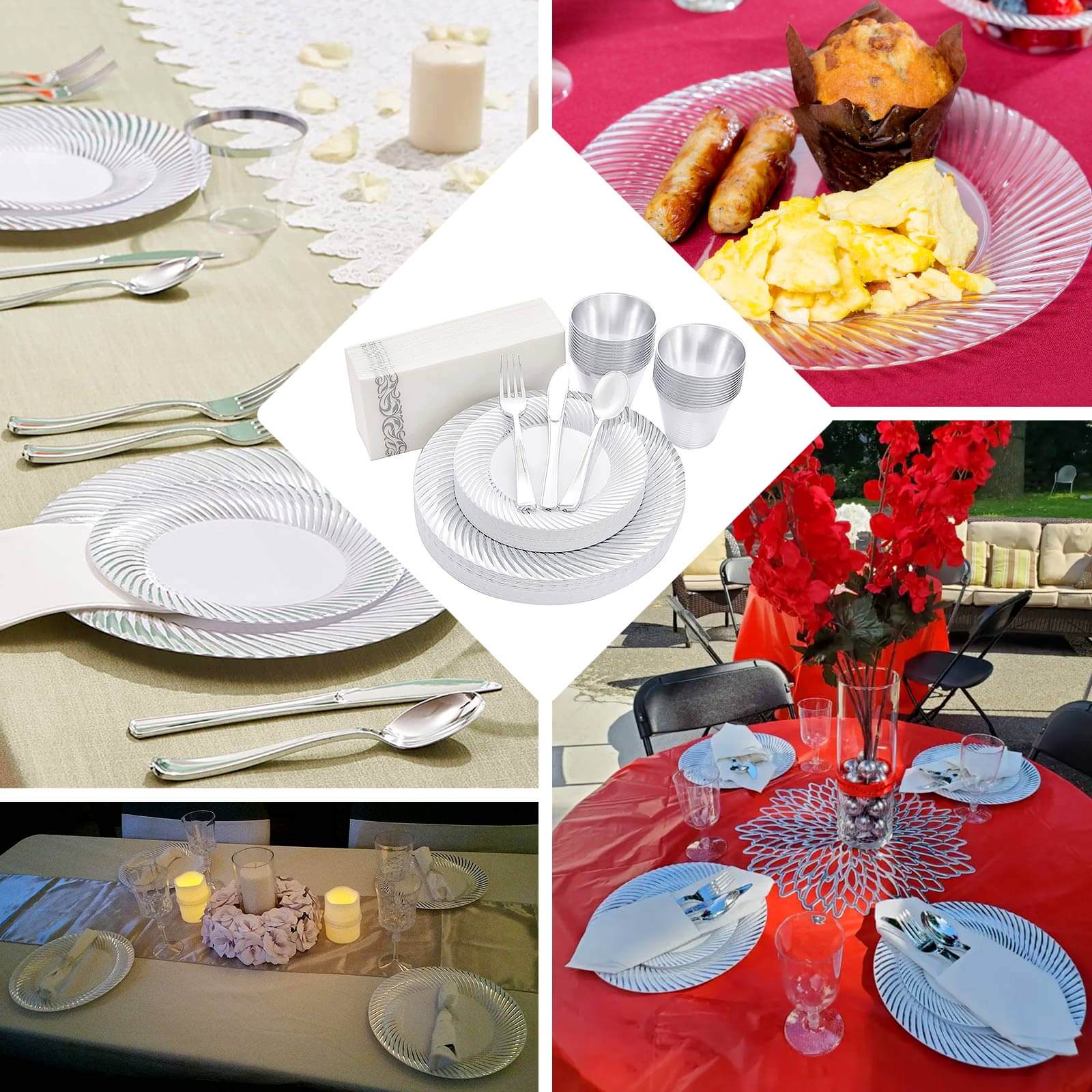 10-Pack Plastic Round Dinner Plates 9" White with Silver Swirl Rim - Disposable Party Plates - Image 5
