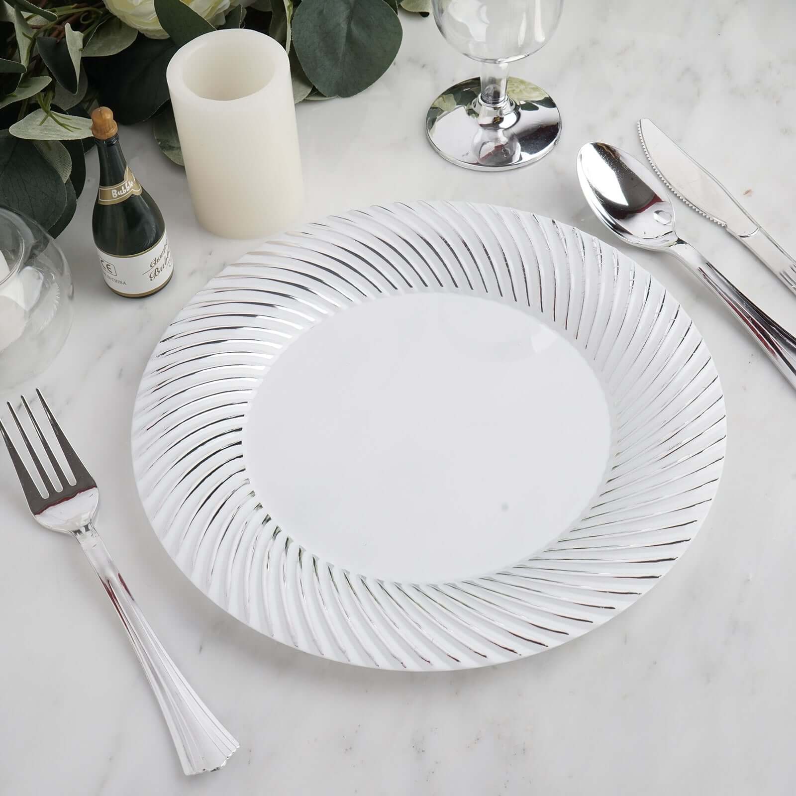 10-Pack Plastic Round Dinner Plates 9" White with Silver Swirl Rim - Disposable Party Plates - Image 6