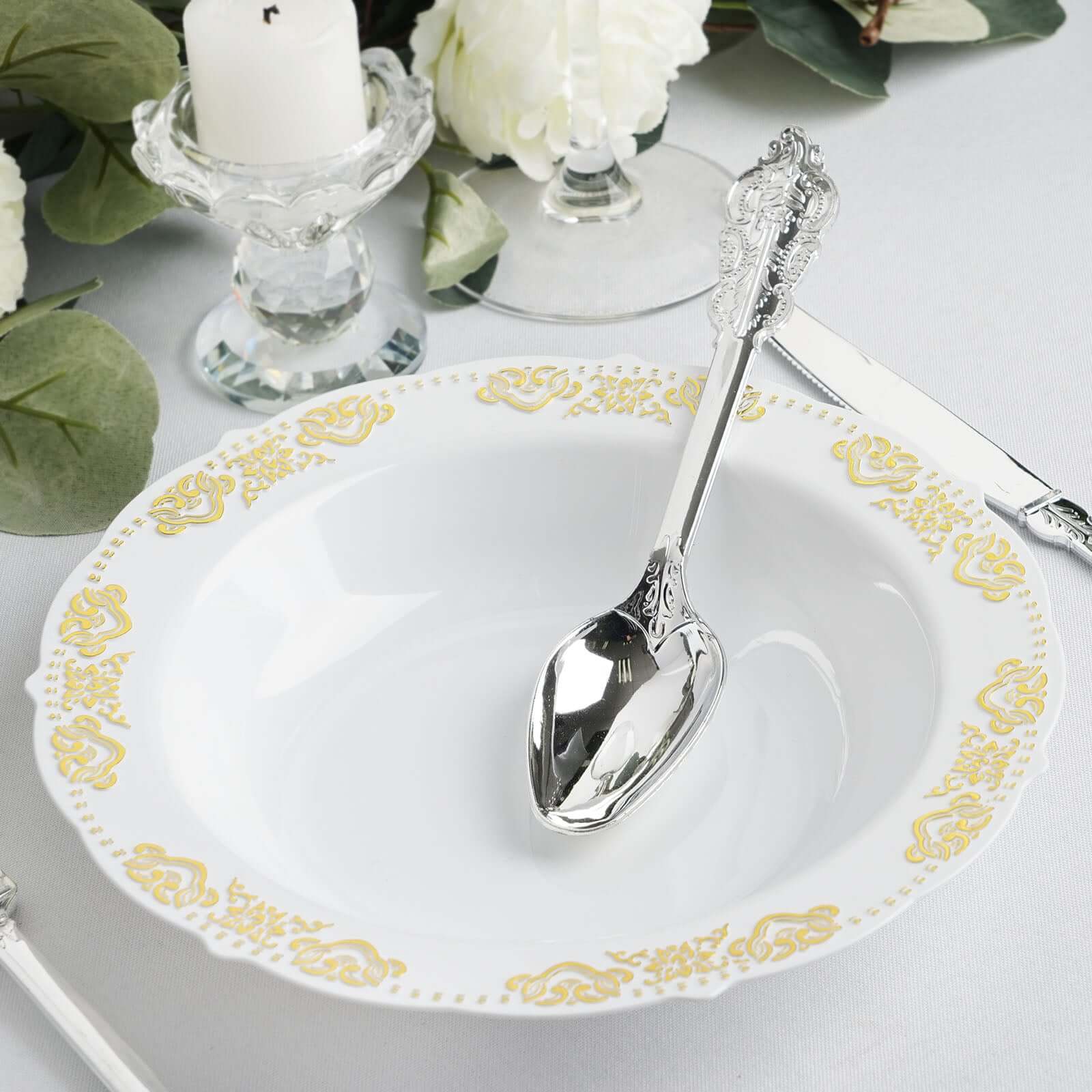 10-Pack Plastic Round Soup Bowl 12oz White with Gold Embossed Scalloped Rim - Durable Disposable Salad Dessert Bowls for Weddings & Banquets - Image 2