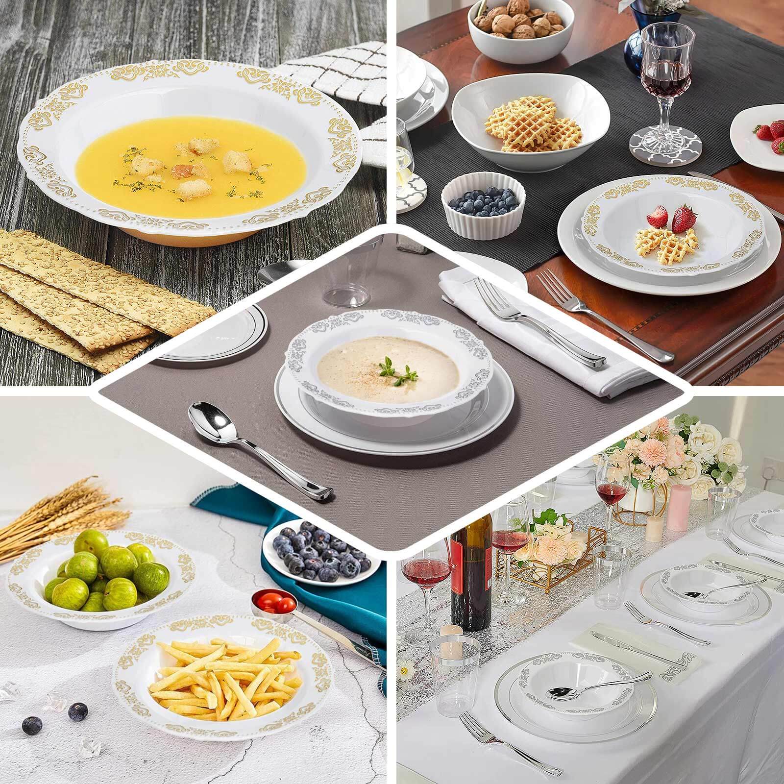 10-Pack Plastic Round Soup Bowl 12oz White with Gold Embossed Scalloped Rim - Durable Disposable Salad Dessert Bowls for Weddings & Banquets - Image 5