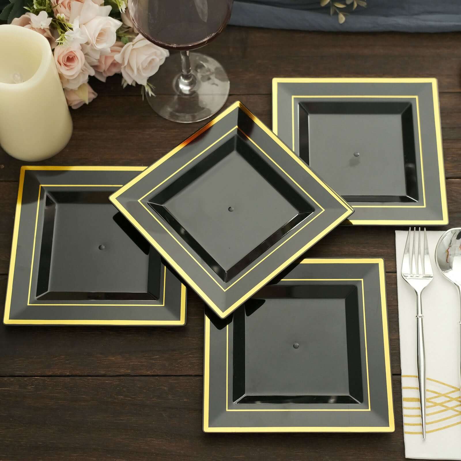 10-Pack Plastic Salad Dessert Plates 7" Black Square with Gold Trim - Disposable Plates for Parties - Image 11