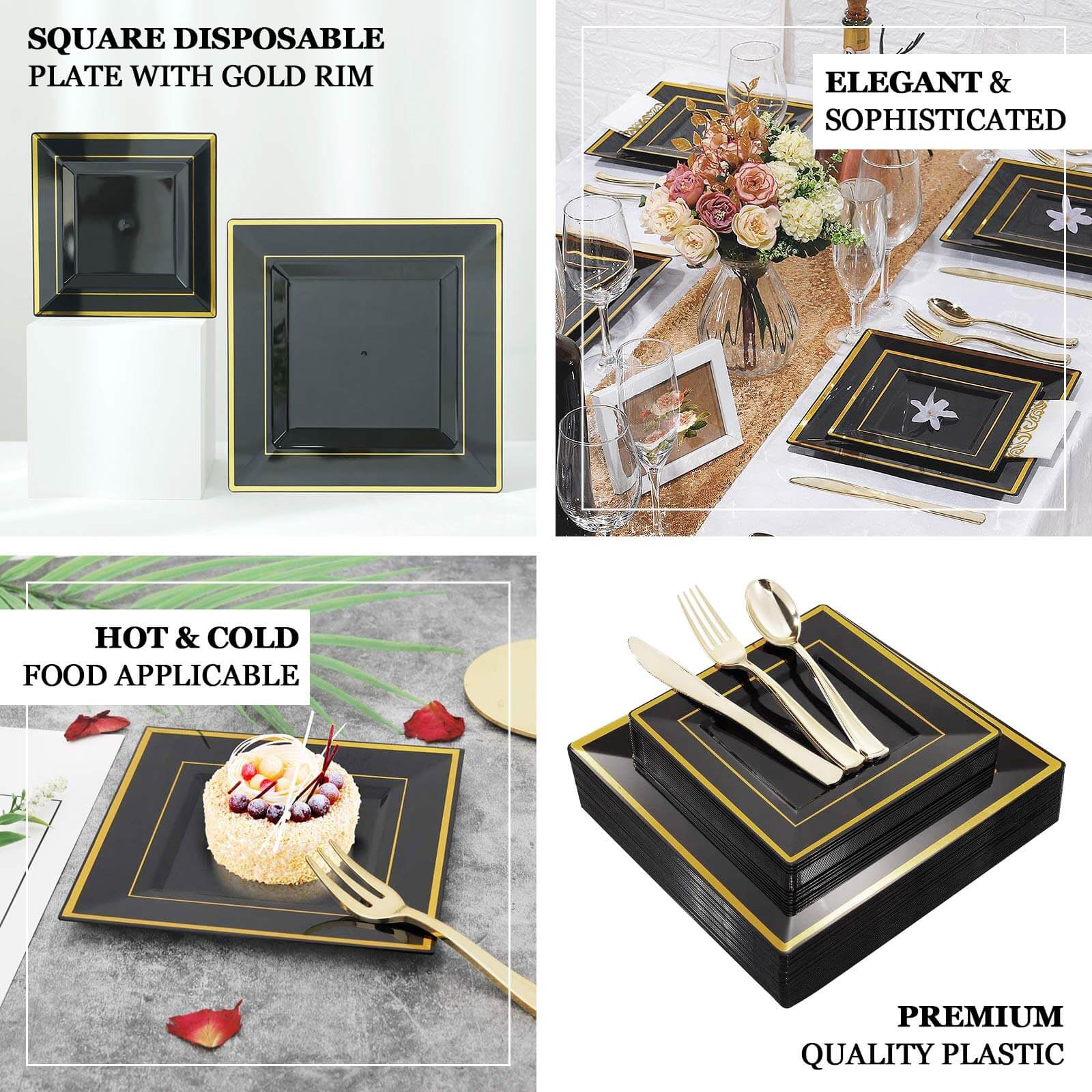 10-Pack Plastic Salad Dessert Plates 7" Black Square with Gold Trim - Disposable Plates for Parties - Image 4