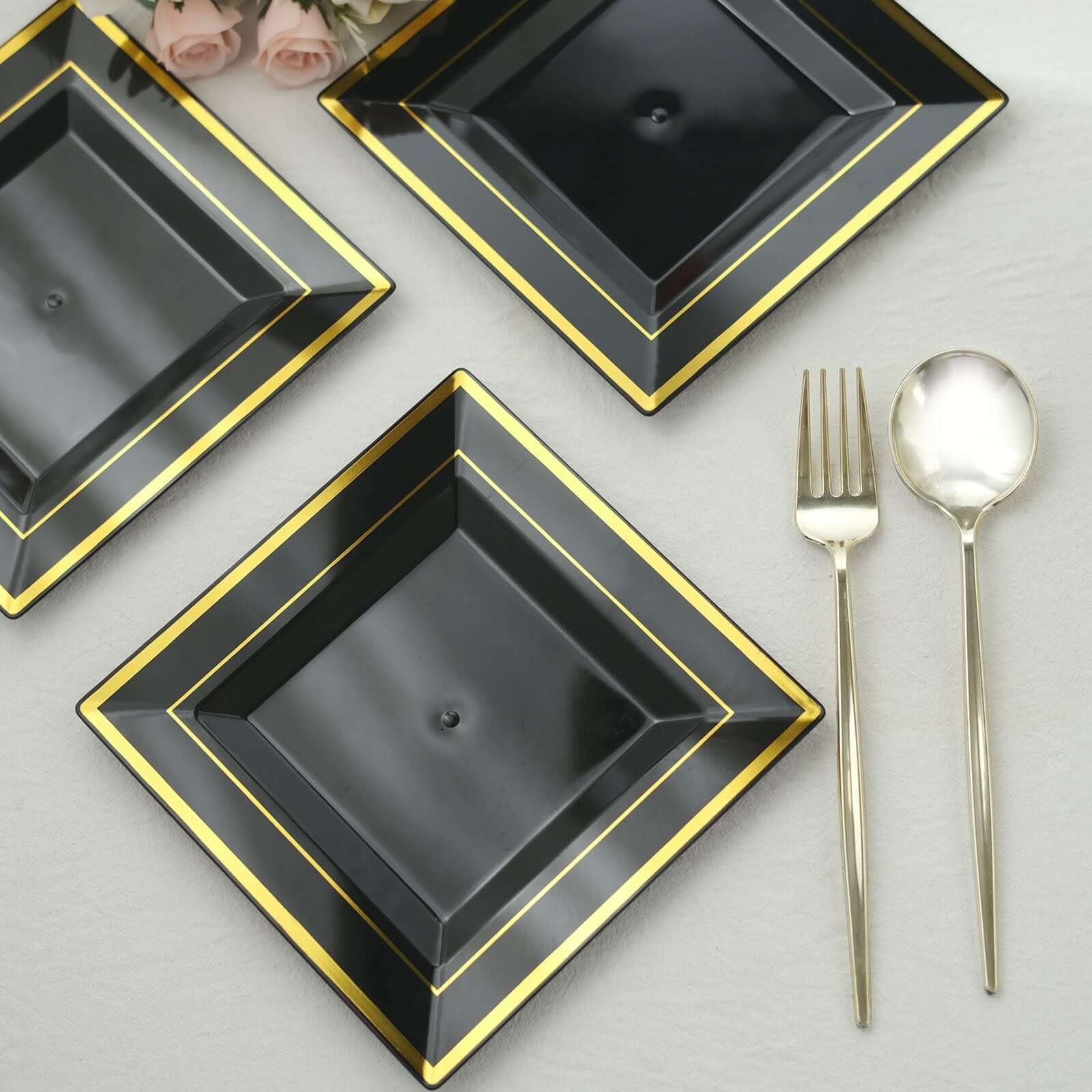 10-Pack Plastic Salad Dessert Plates 7" Black Square with Gold Trim - Disposable Plates for Parties - Image 9