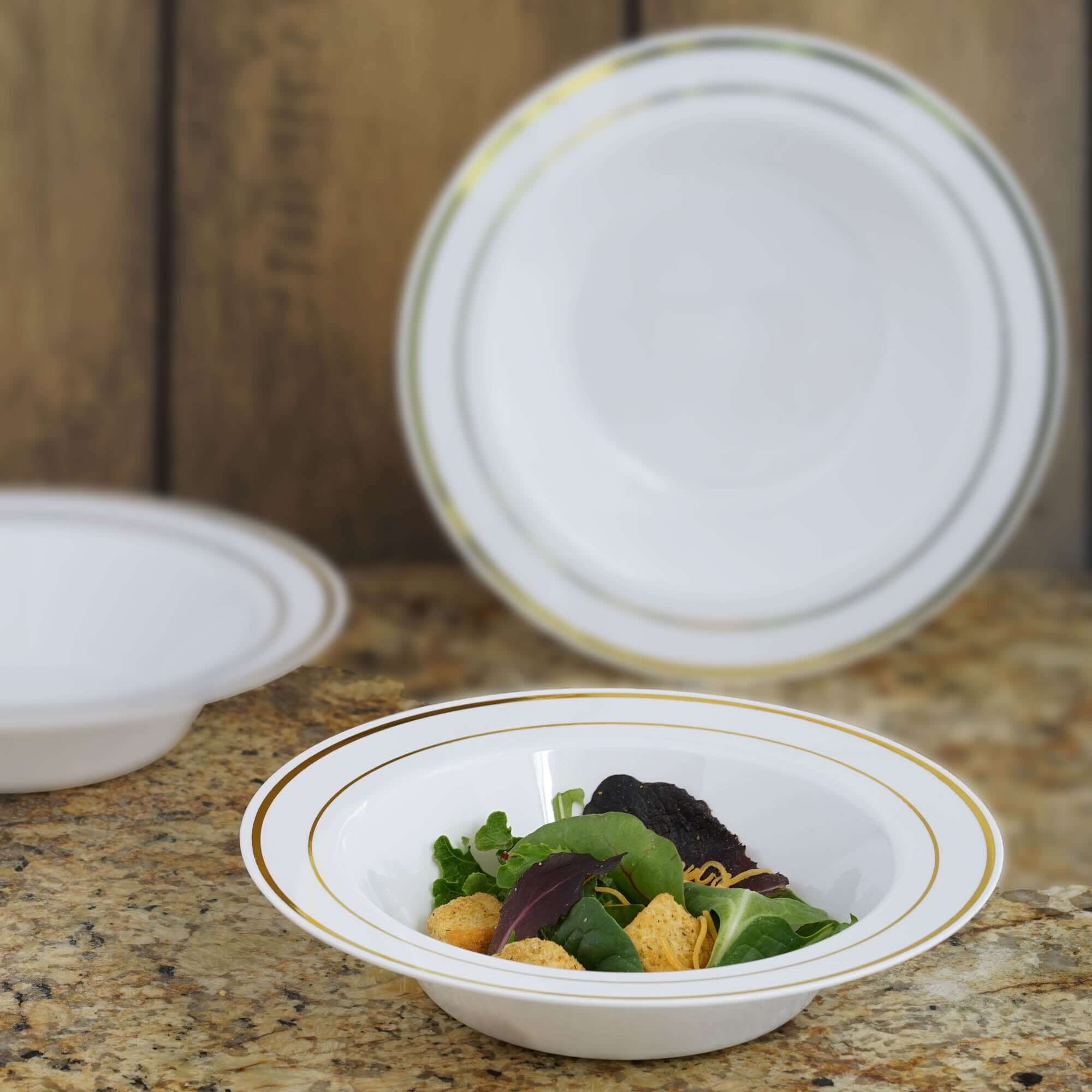 10-Pack Plastic Soup Bowls 12oz White with Gold Rim - Disposable Round Bowls for Events - Image 2