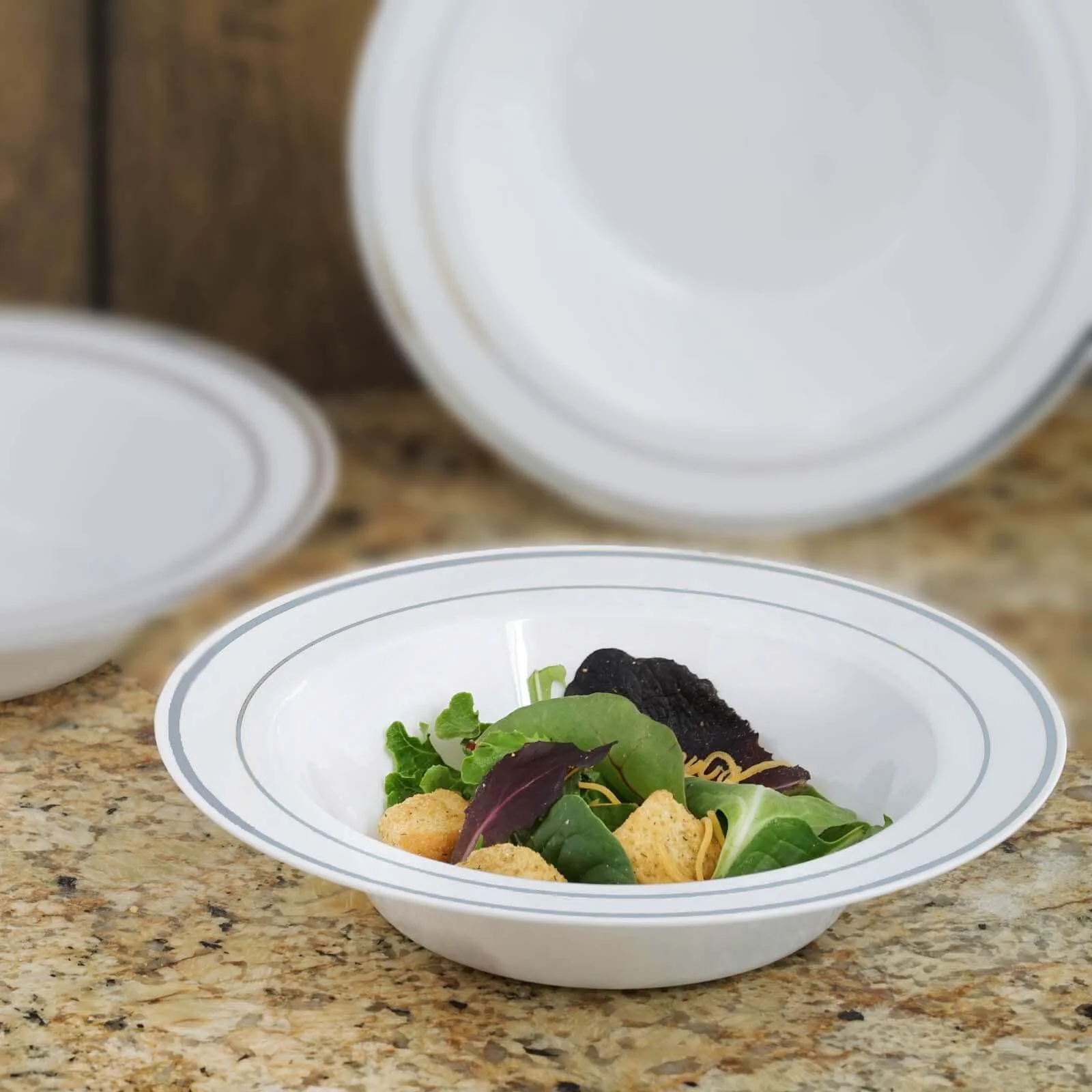 10-Pack Plastic Soup Bowls 12oz White with Silver Rim - Disposable Round Bowls for Events - Image 2