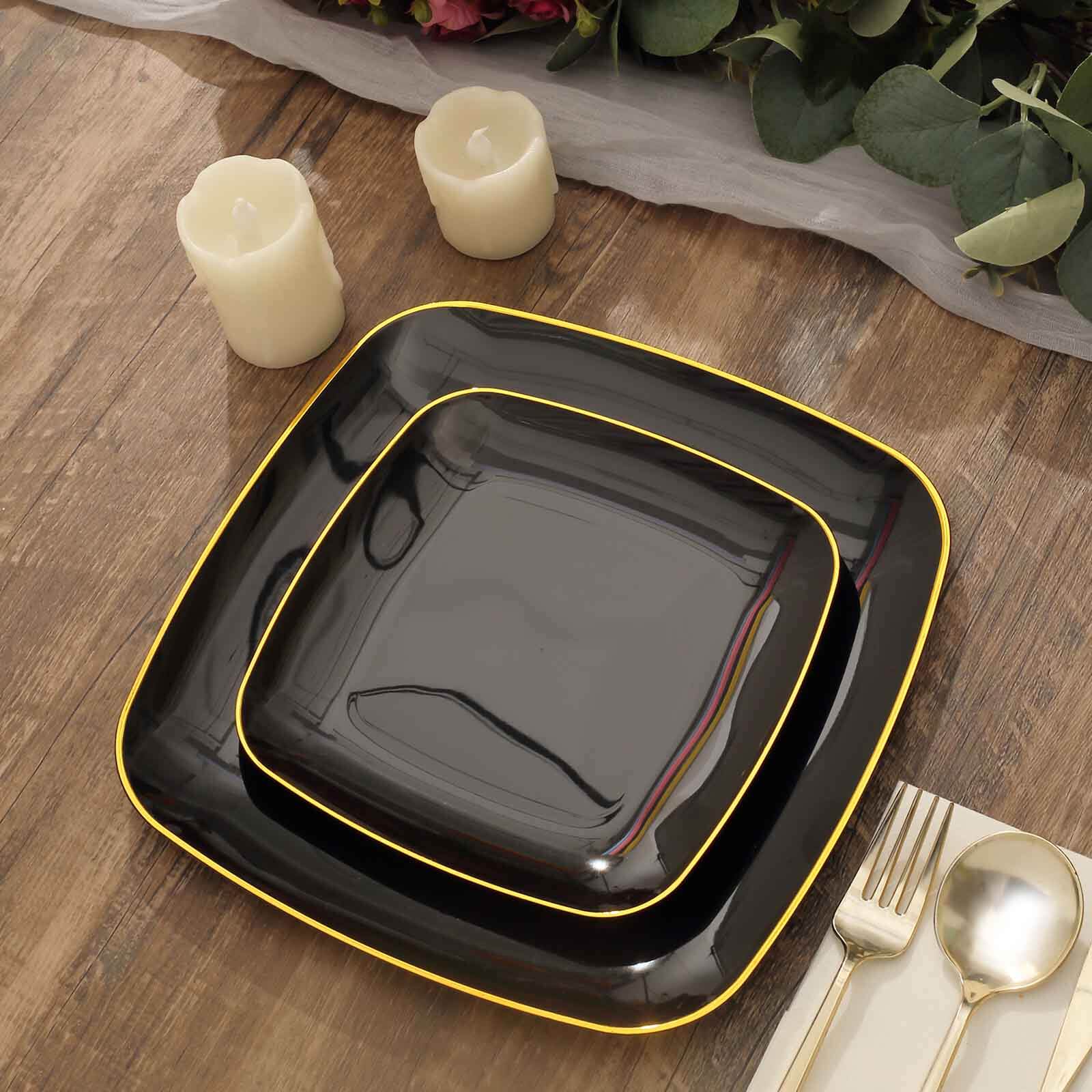 10-Pack Plastic Square Dessert Plates 7" Black with Gold Rim - Sleek Disposable Appetizer Salad Plates - Image 4