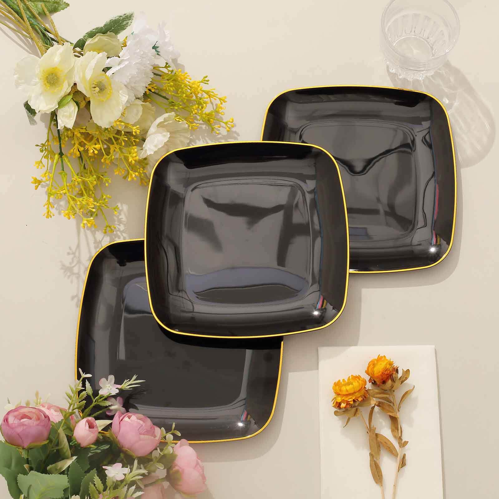 10-Pack Plastic Square Dessert Plates 7" Black with Gold Rim - Sleek Disposable Appetizer Salad Plates - Image 5