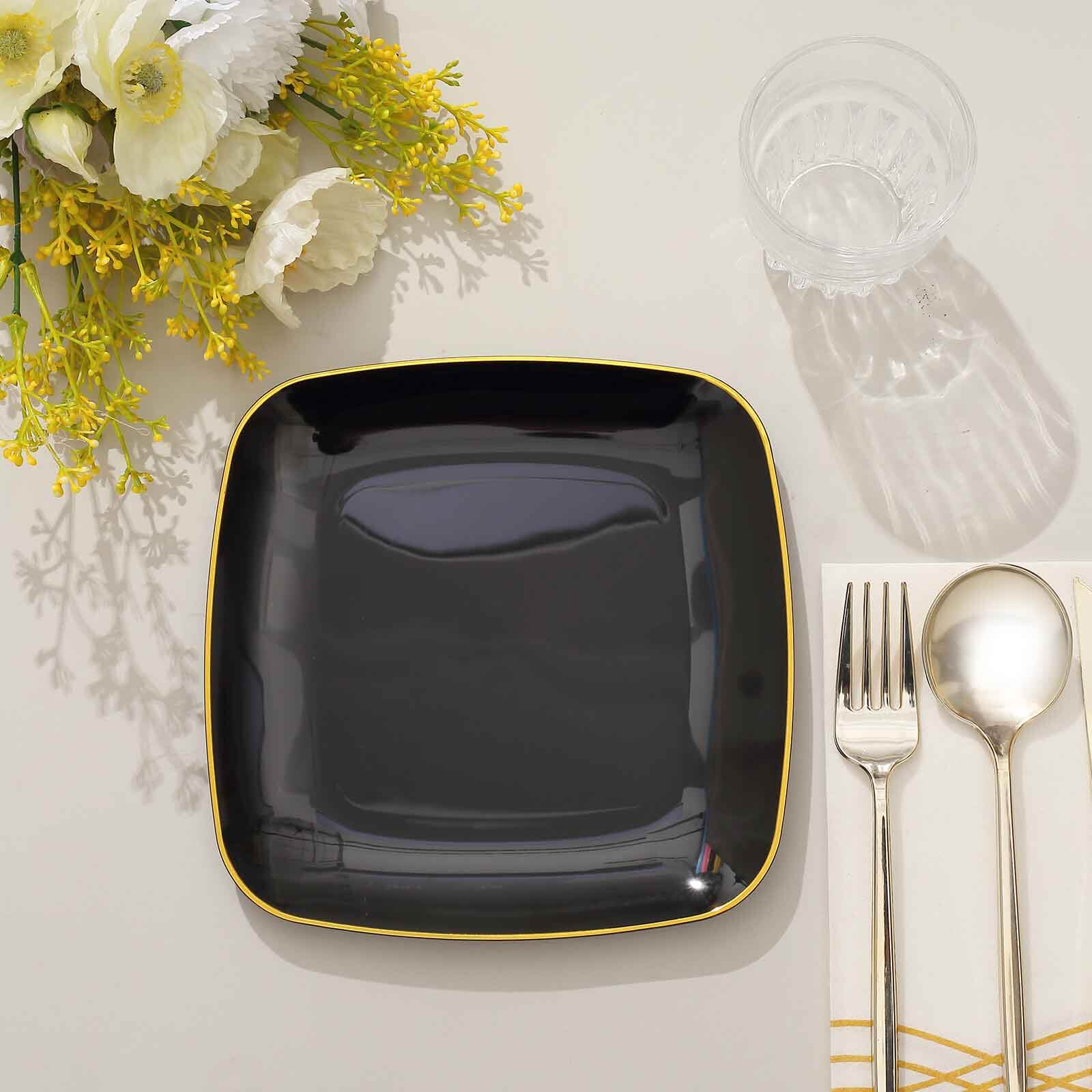 10-Pack Plastic Square Dessert Plates 7" Black with Gold Rim - Sleek Disposable Appetizer Salad Plates - Image 9