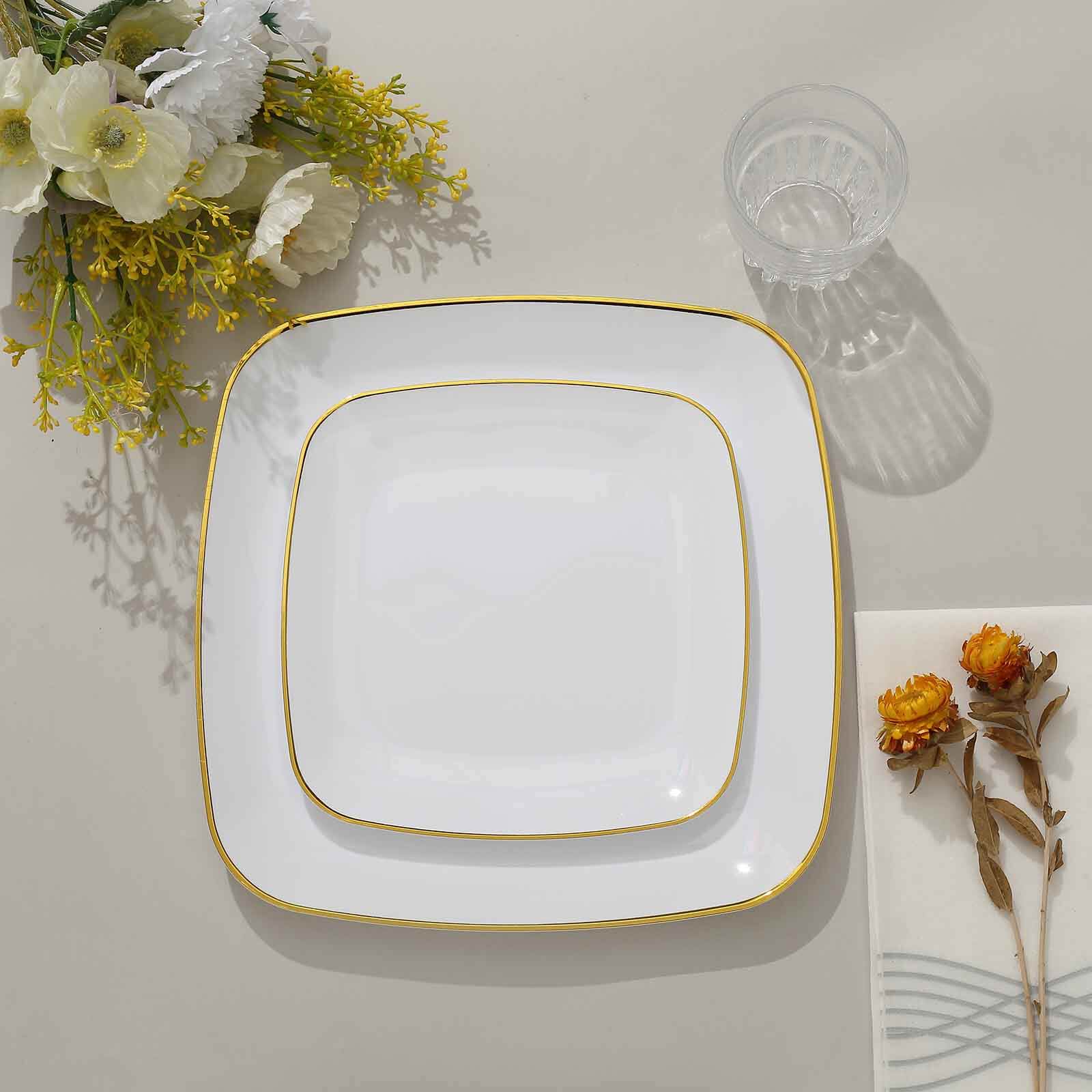 10-Pack Plastic Square Dessert Plates 7" White with Gold Rim - Sleek Disposable Appetizer Salad Plates for Events & Banquets - Image 2
