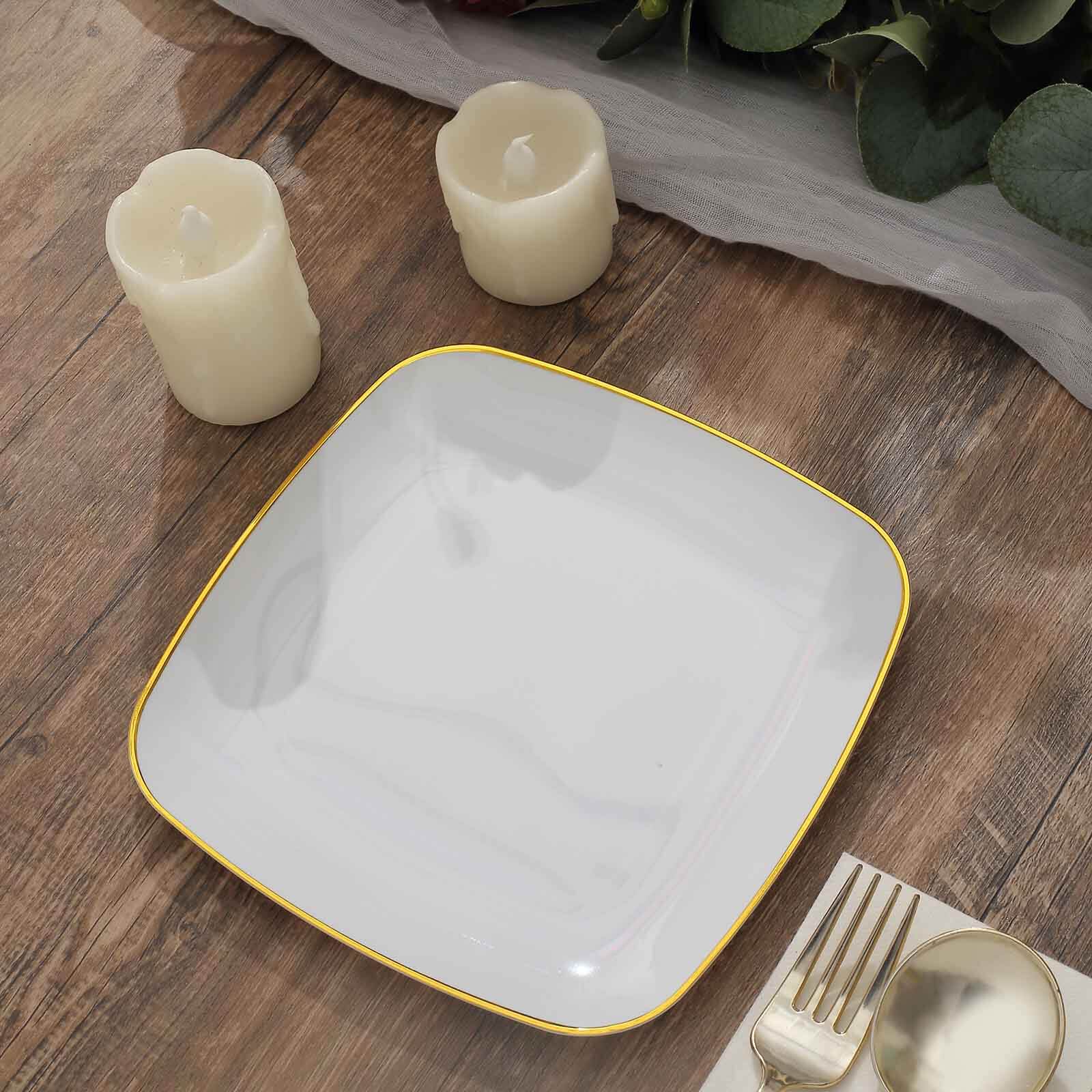 10-Pack Plastic Square Dessert Plates 7" White with Gold Rim - Sleek Disposable Appetizer Salad Plates for Events & Banquets - Image 4