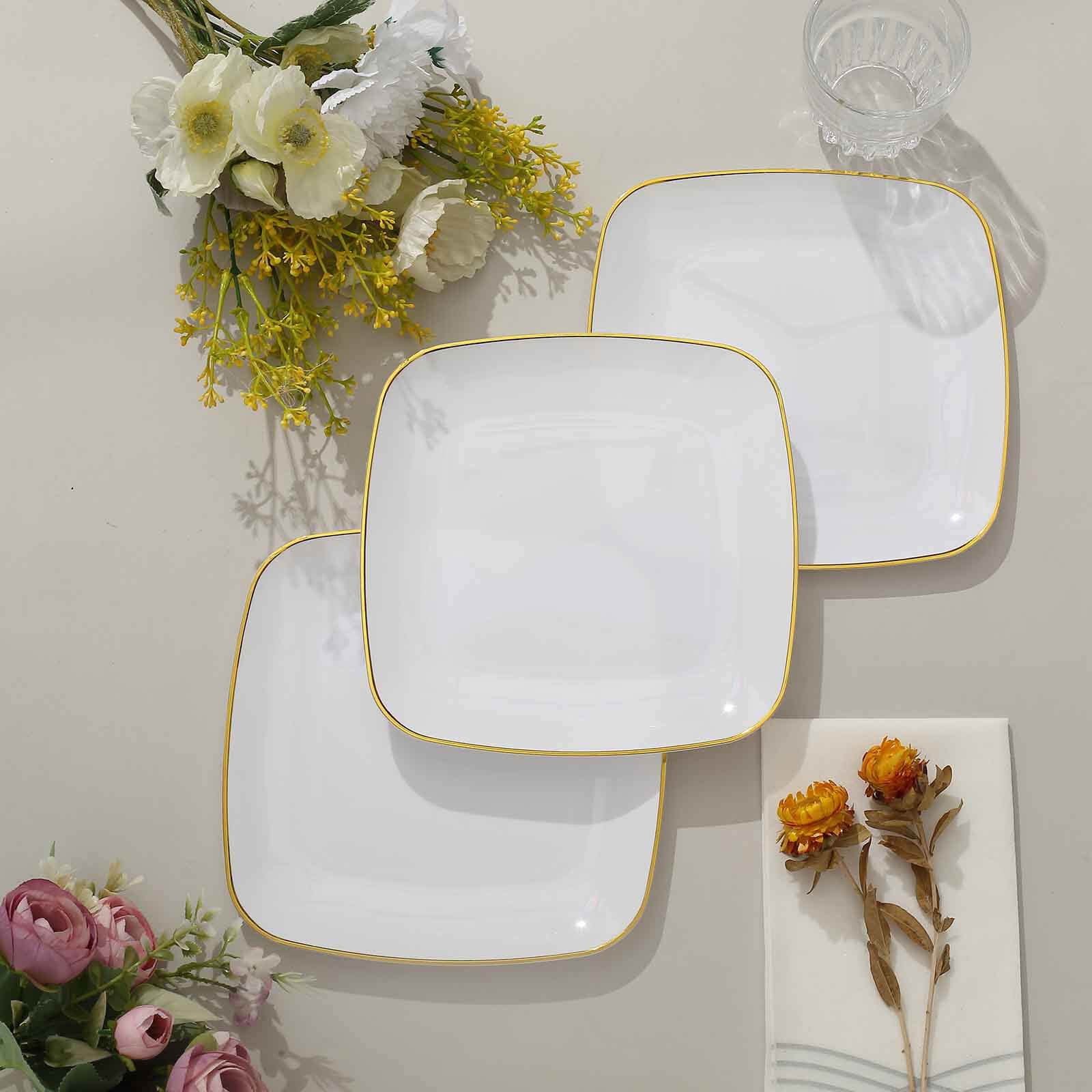 10-Pack Plastic Square Dessert Plates 7" White with Gold Rim - Sleek Disposable Appetizer Salad Plates for Events & Banquets - Image 5