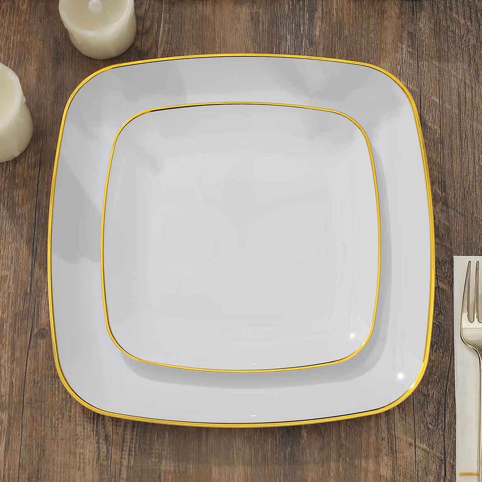 10-Pack Plastic Square Dessert Plates 7" White with Gold Rim - Sleek Disposable Appetizer Salad Plates for Events & Banquets - Image 6