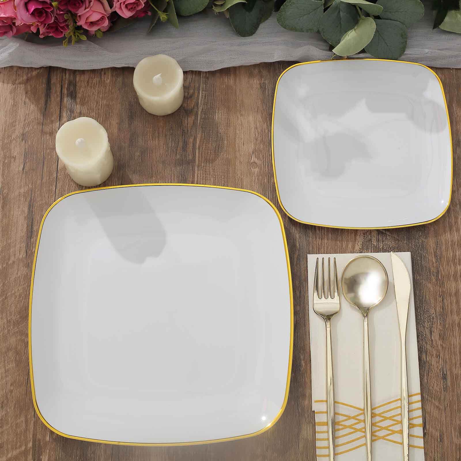 10-Pack Plastic Square Dessert Plates 7" White with Gold Rim - Sleek Disposable Appetizer Salad Plates for Events & Banquets - Image 8