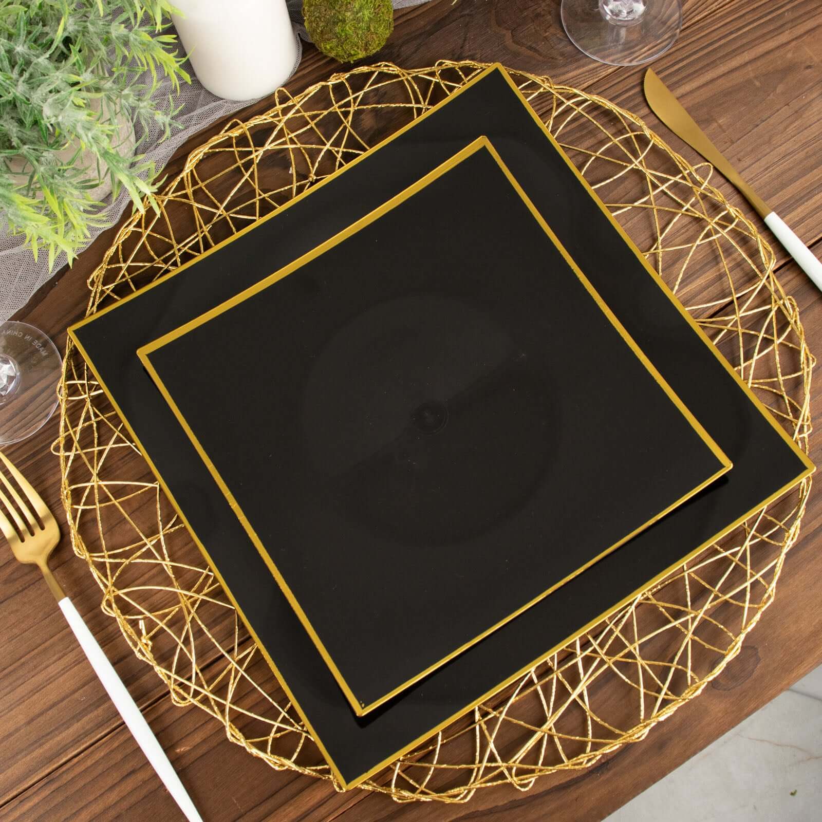 10-Pack Plastic Square Dessert Plates 8" Black Concave Style with Gold Rim - Modern Disposable Salad Appetizer Party Plates - Image 10