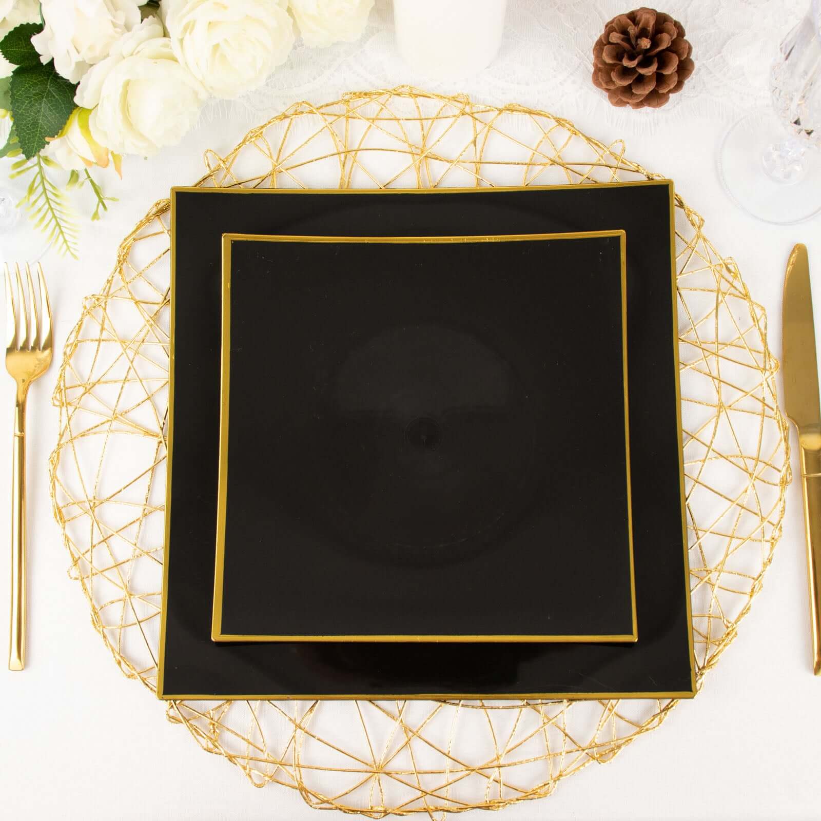 10-Pack Plastic Square Dessert Plates 8" Black Concave Style with Gold Rim - Modern Disposable Salad Appetizer Party Plates - Image 11