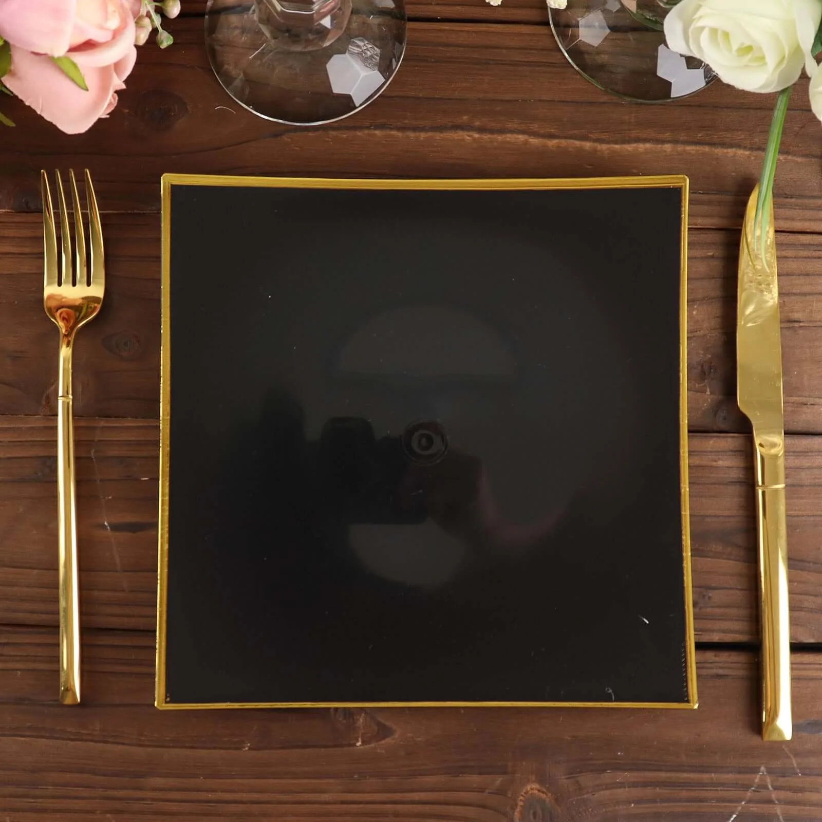 10-Pack Plastic Square Dessert Plates 8" Black Concave Style with Gold Rim - Modern Disposable Salad Appetizer Party Plates - Image 12