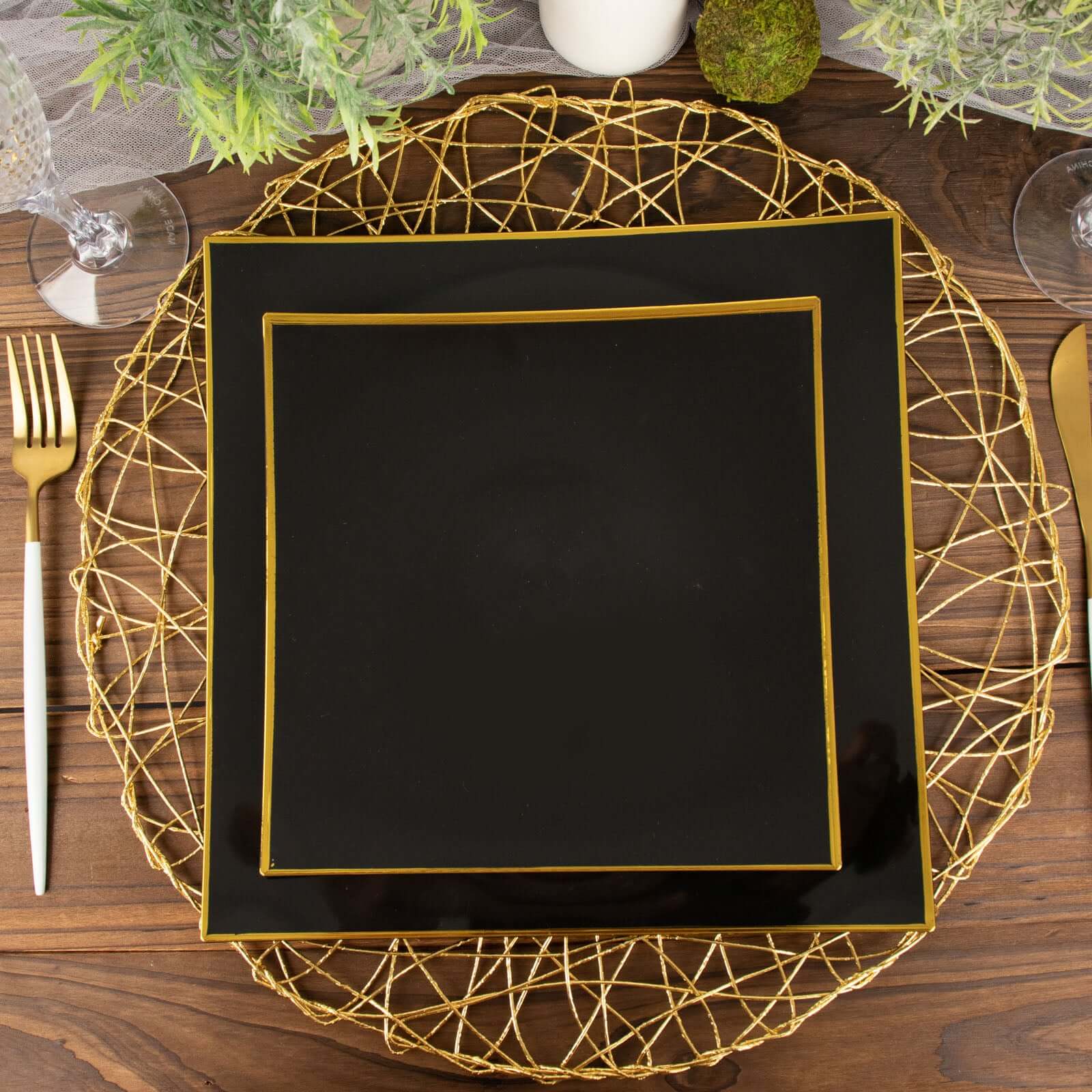 10-Pack Plastic Square Dessert Plates 8" Black Concave Style with Gold Rim - Modern Disposable Salad Appetizer Party Plates - Image 13