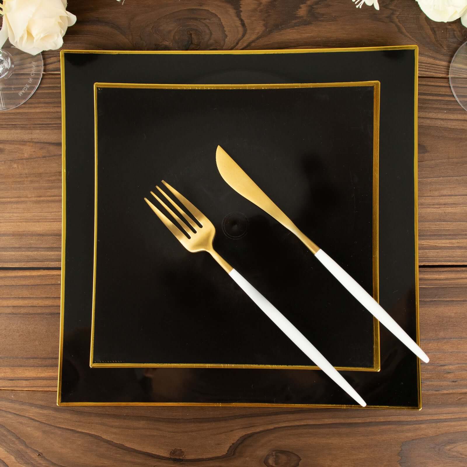 10-Pack Plastic Square Dessert Plates 8" Black Concave Style with Gold Rim - Modern Disposable Salad Appetizer Party Plates - Image 14