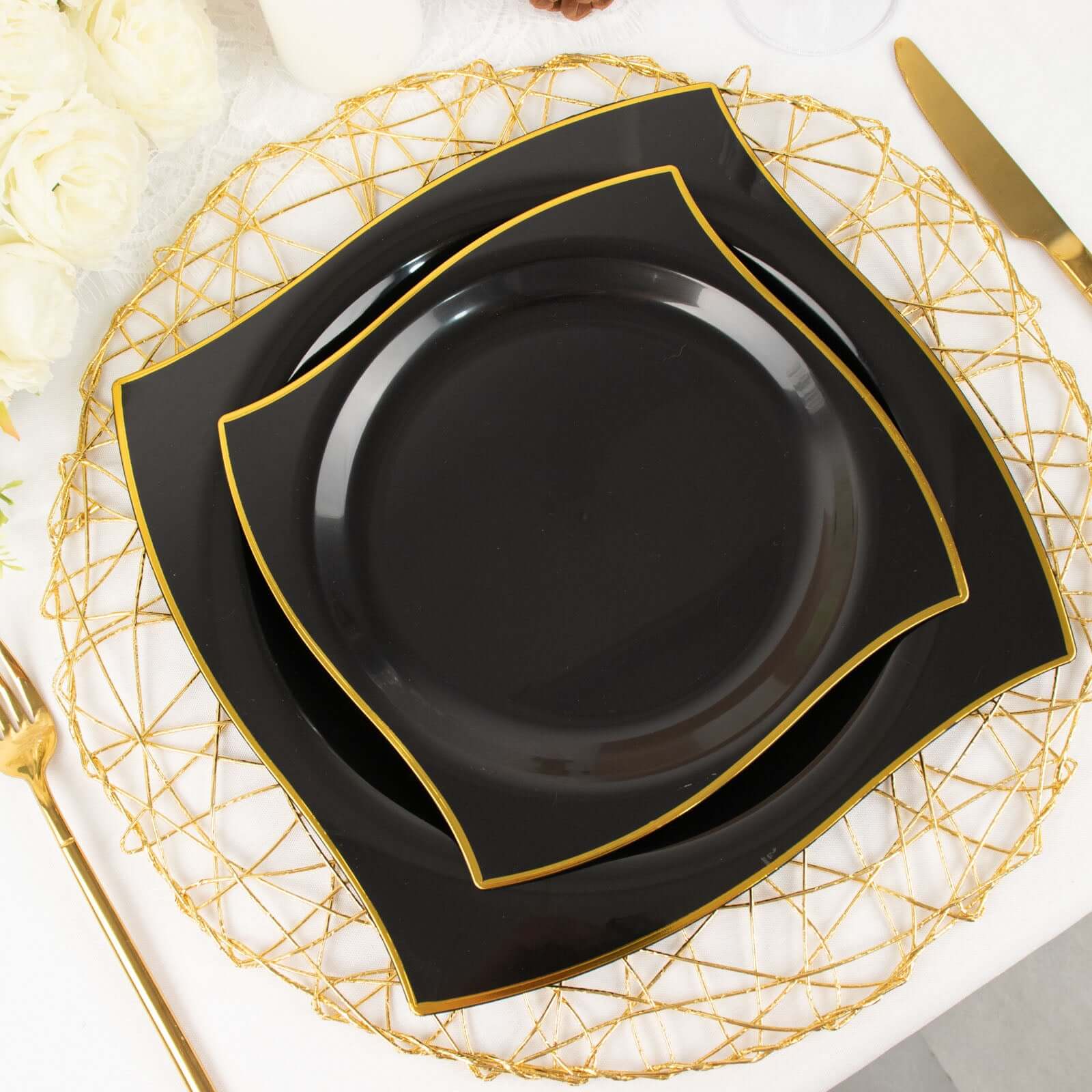 10-Pack Plastic Square Dessert Plates 8" Black with Gold Wavy Rim Modern - Disposable Salad Appetizer Party Plates - Image 12