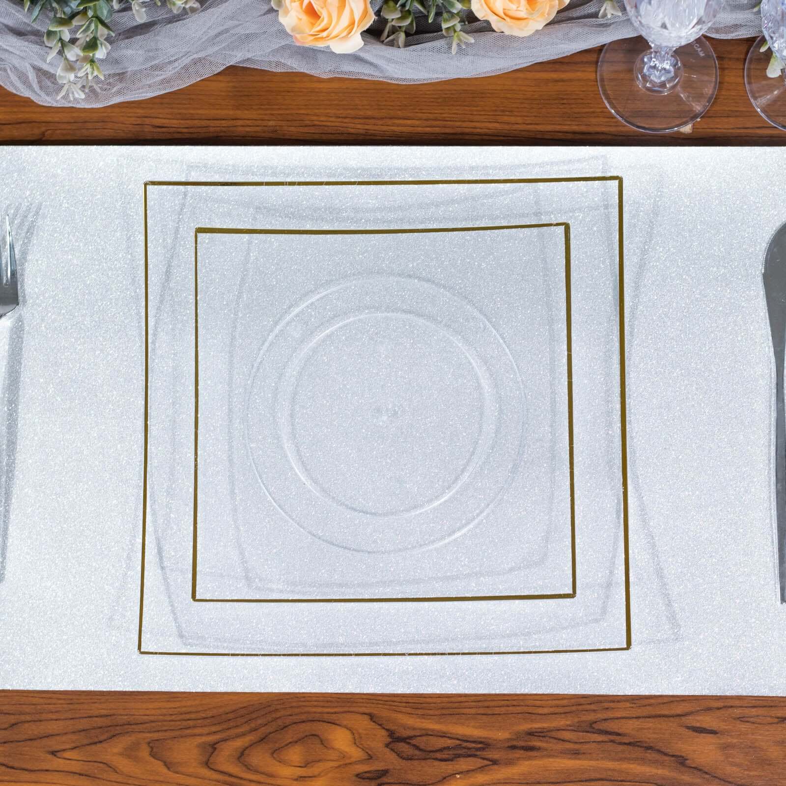 10-Pack Plastic Square Dessert Plates 8" Clear Concave Style with Gold Rim - Modern Disposable Salad Appetizer Party Plates - Image 15