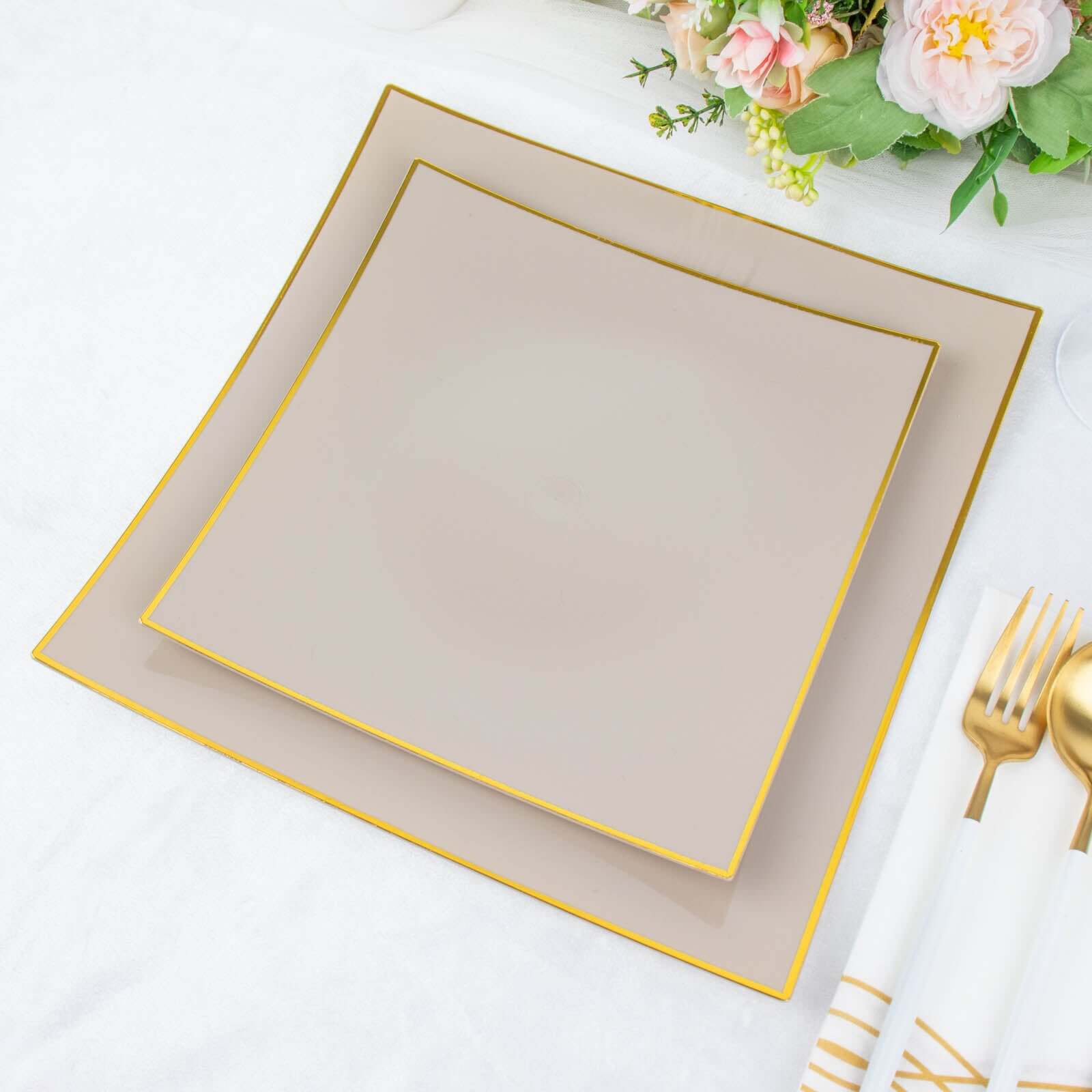 10-Pack Plastic Square Dessert Plates 8" Taupe Concave Style with Gold Rim - Modern Disposable Salad Appetizer Party Plates