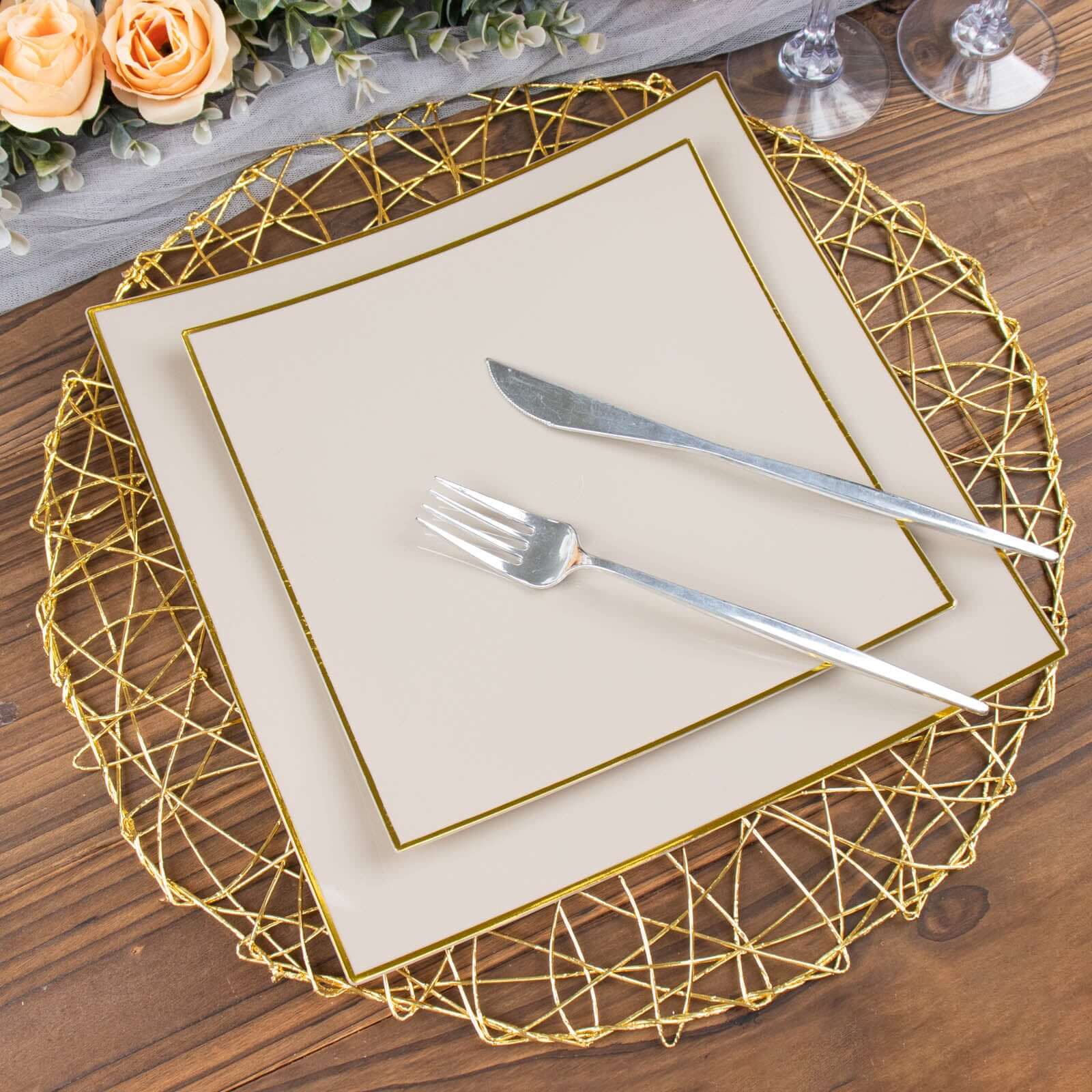 10-Pack Plastic Square Dessert Plates 8" Taupe Concave Style with Gold Rim - Modern Disposable Salad Appetizer Party Plates - Image 10