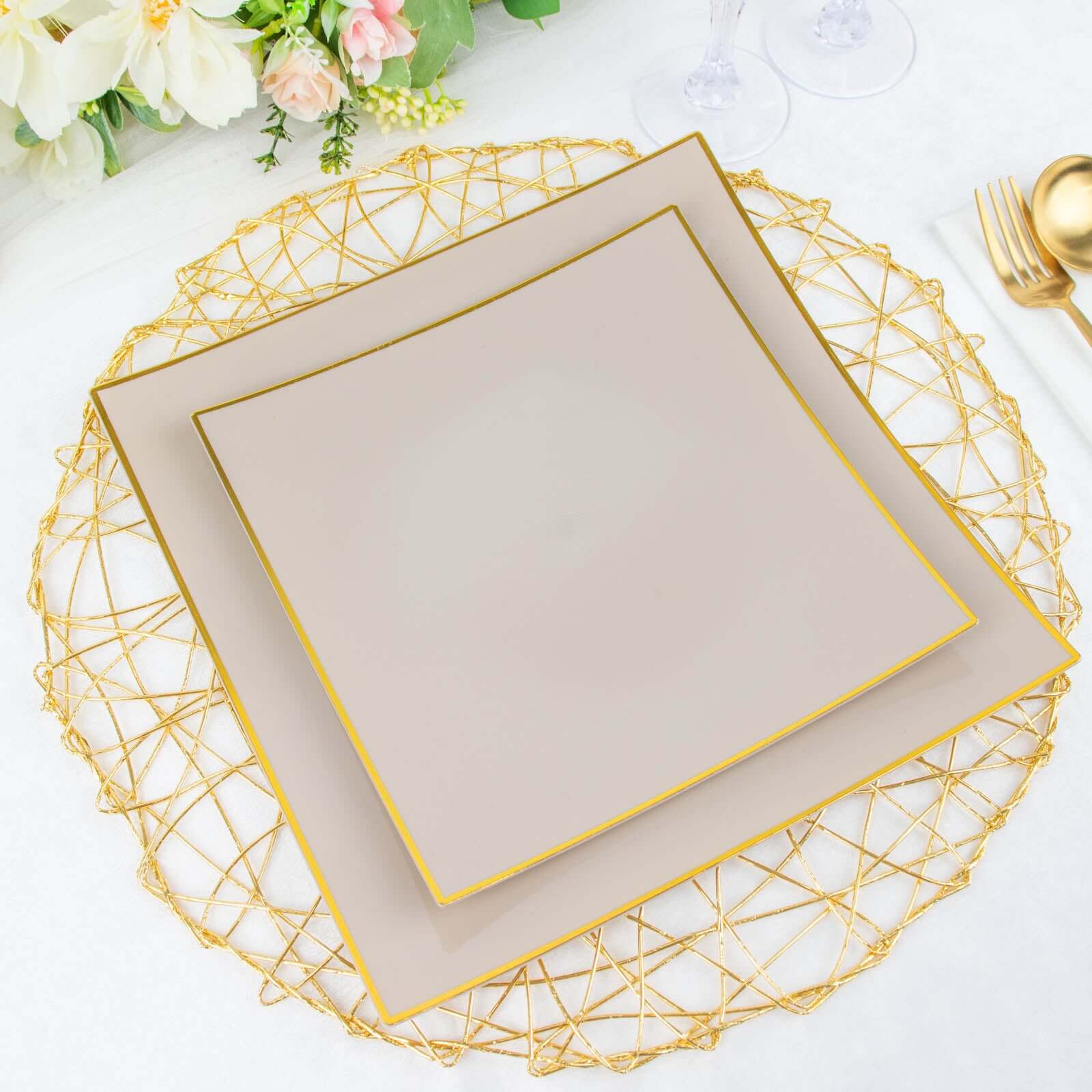 10-Pack Plastic Square Dessert Plates 8" Taupe Concave Style with Gold Rim - Modern Disposable Salad Appetizer Party Plates - Image 11