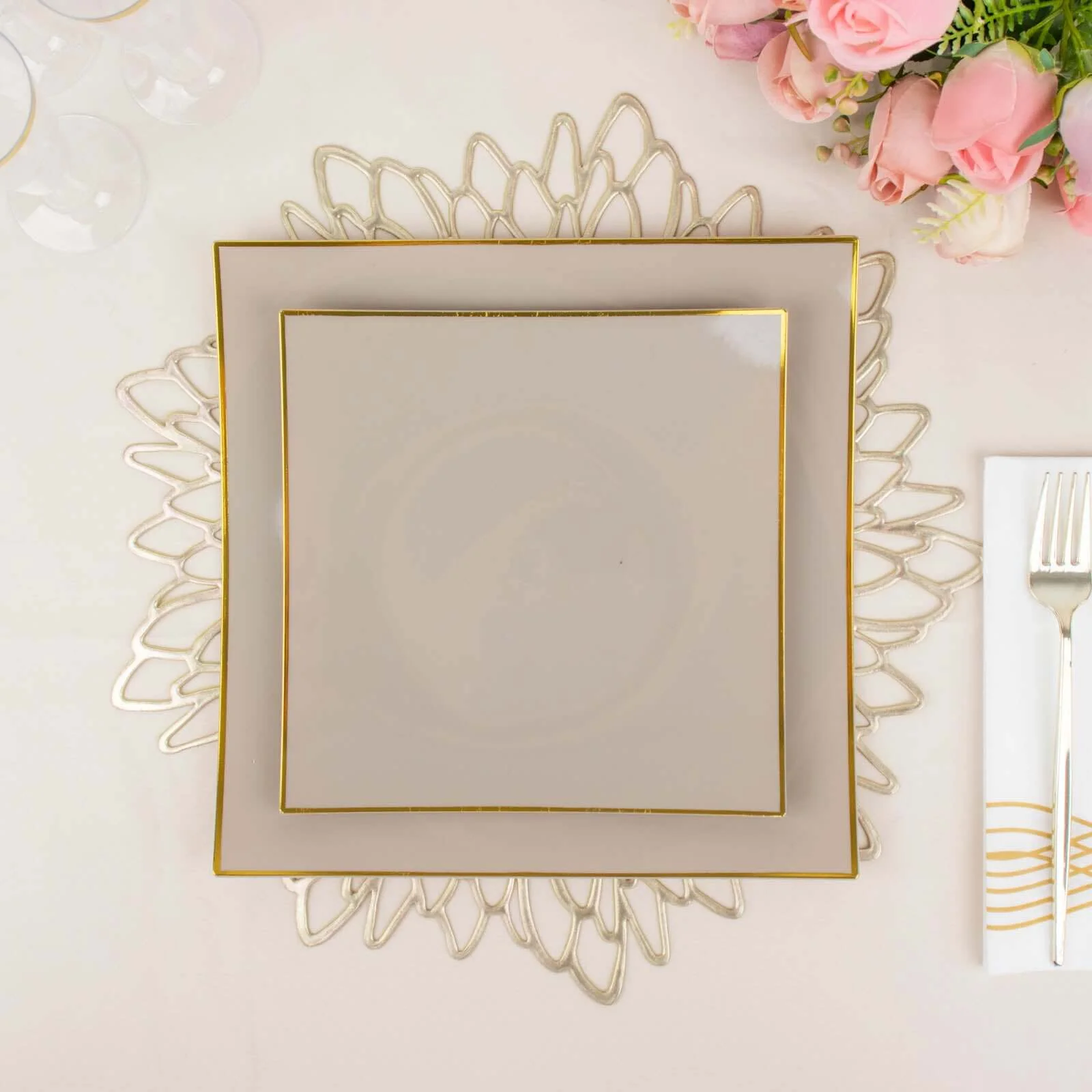 10-Pack Plastic Square Dessert Plates 8" Taupe Concave Style with Gold Rim - Modern Disposable Salad Appetizer Party Plates - Image 12