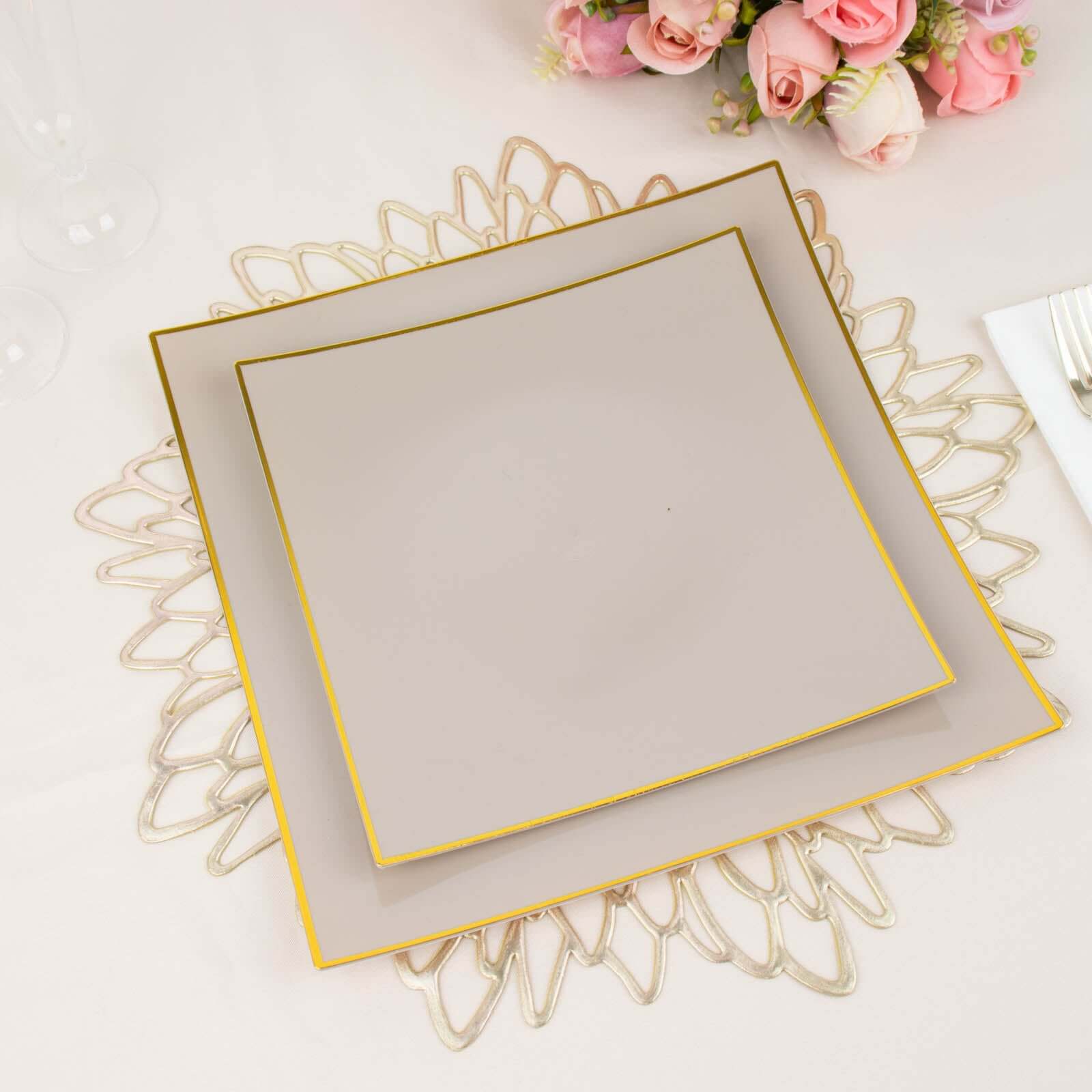 10-Pack Plastic Square Dessert Plates 8" Taupe Concave Style with Gold Rim - Modern Disposable Salad Appetizer Party Plates - Image 13