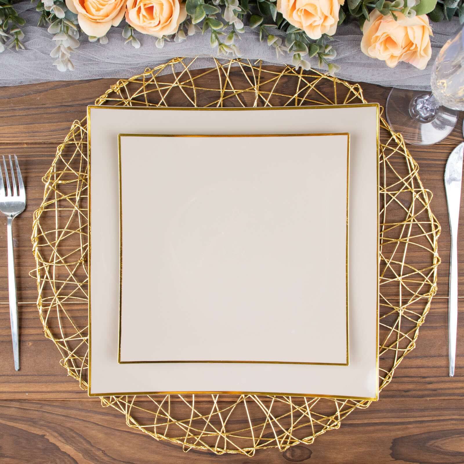 10-Pack Plastic Square Dessert Plates 8" Taupe Concave Style with Gold Rim - Modern Disposable Salad Appetizer Party Plates - Image 15