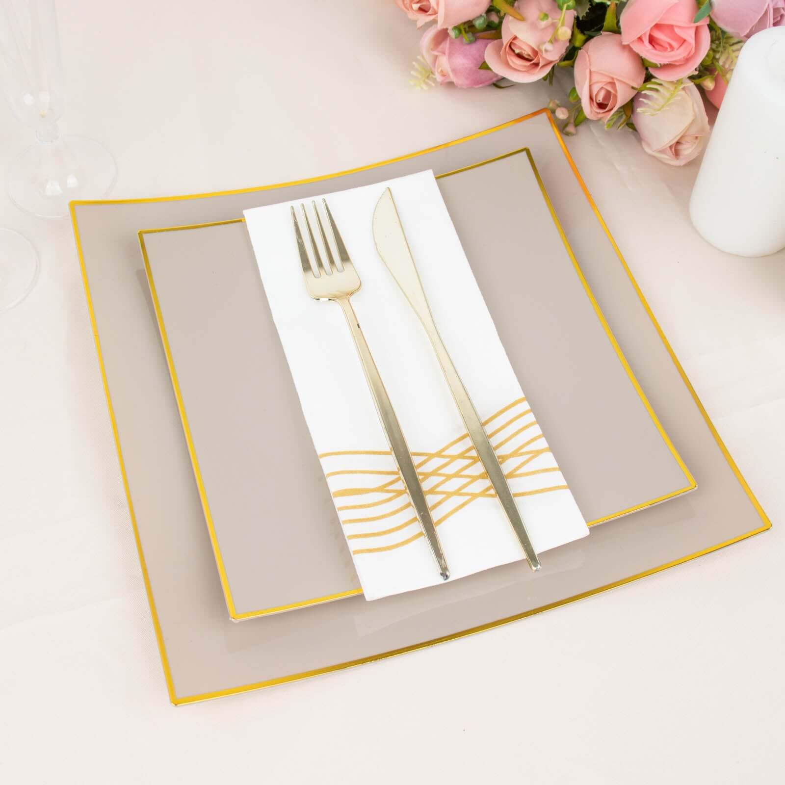 10-Pack Plastic Square Dessert Plates 8" Taupe Concave Style with Gold Rim - Modern Disposable Salad Appetizer Party Plates - Image 17