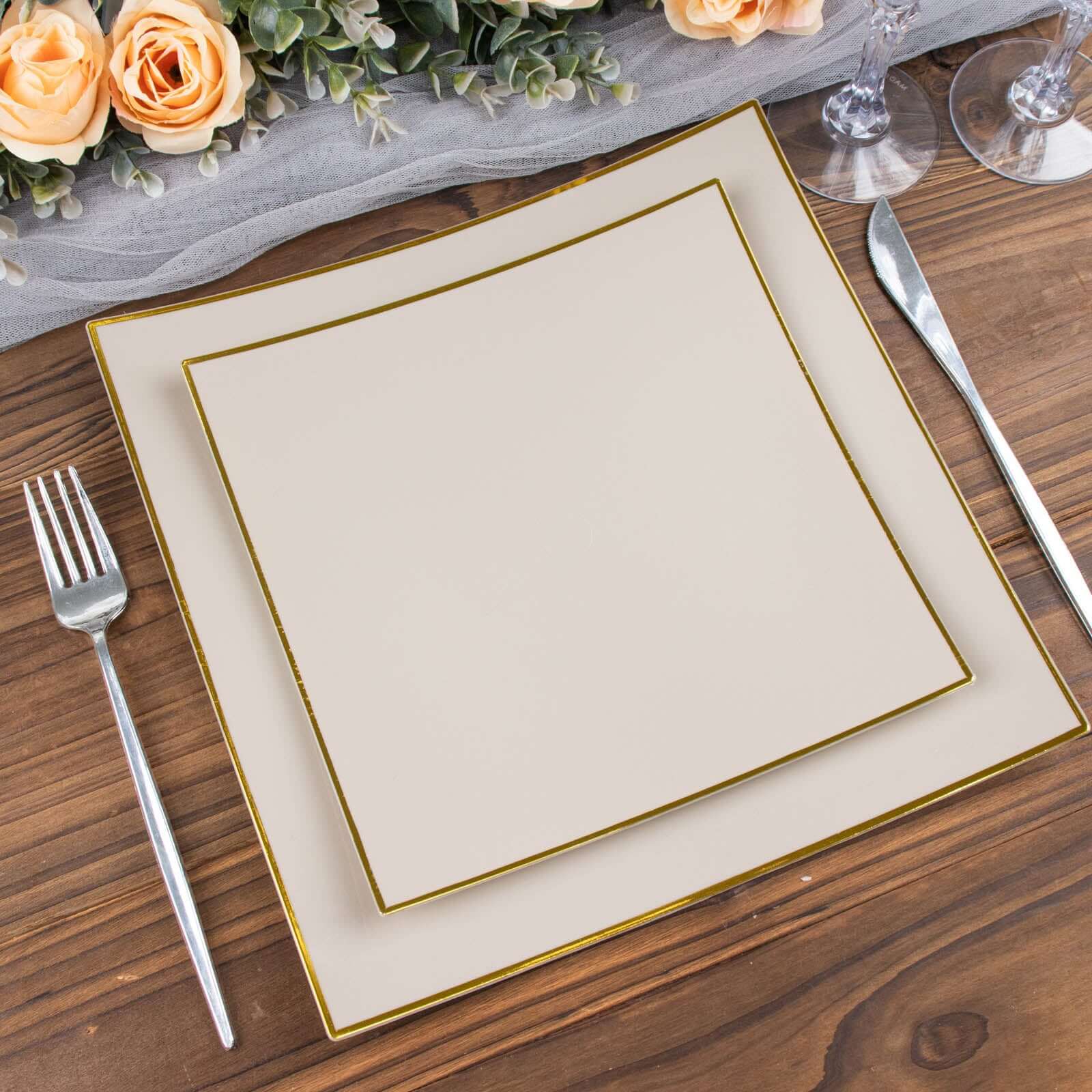 10-Pack Plastic Square Dessert Plates 8" Taupe Concave Style with Gold Rim - Modern Disposable Salad Appetizer Party Plates - Image 6